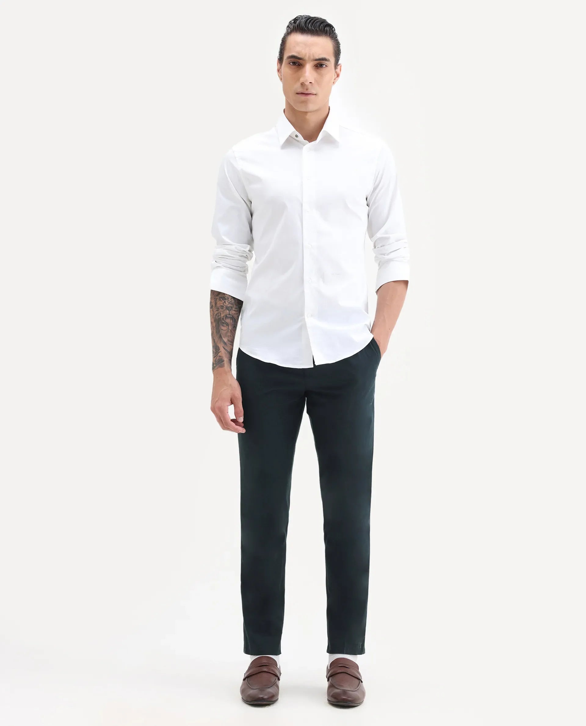 Rare Rabbit Men's Harlow Navy Cotton Plain Regular Fit Trouser