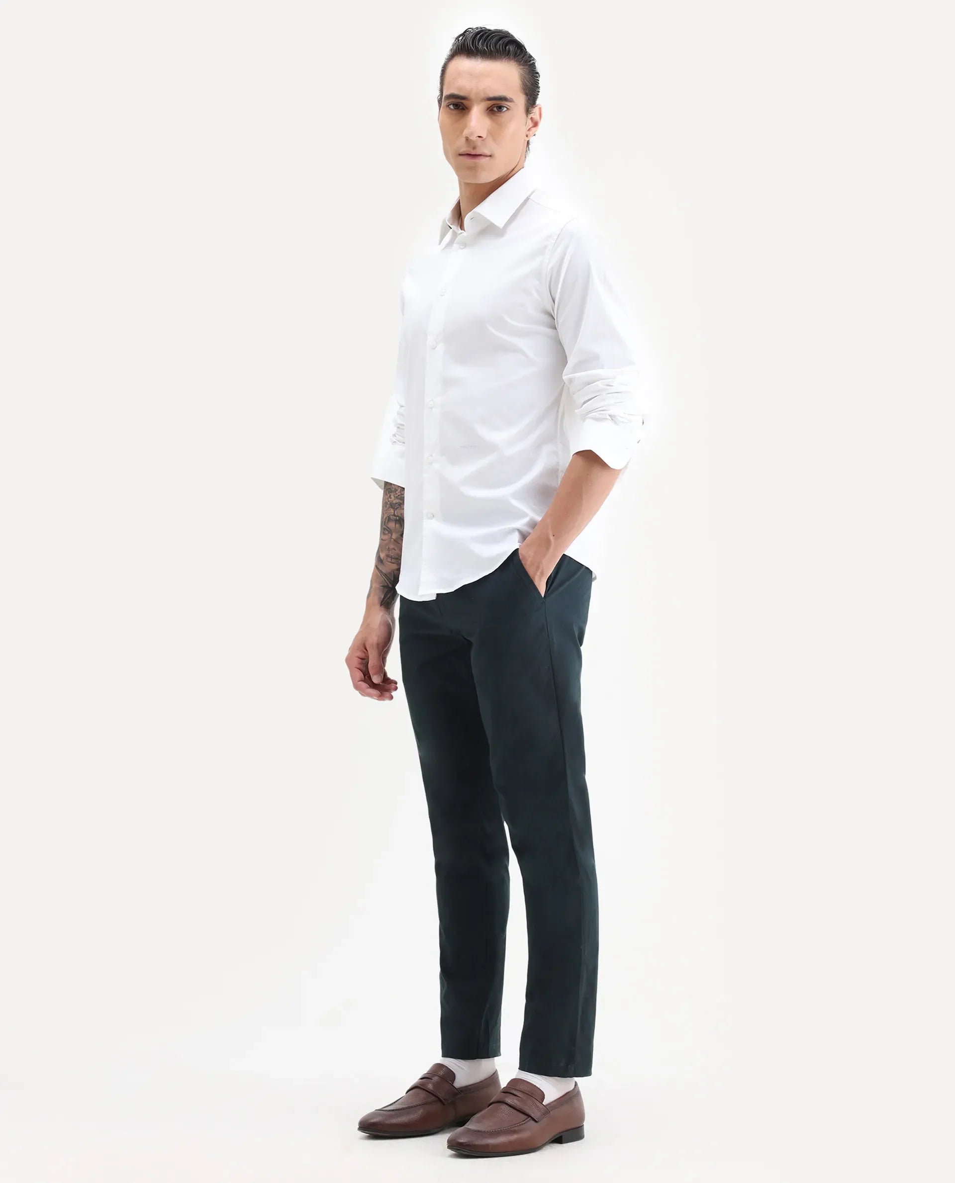 Rare Rabbit Men's Harlow Navy Cotton Plain Regular Fit Trouser