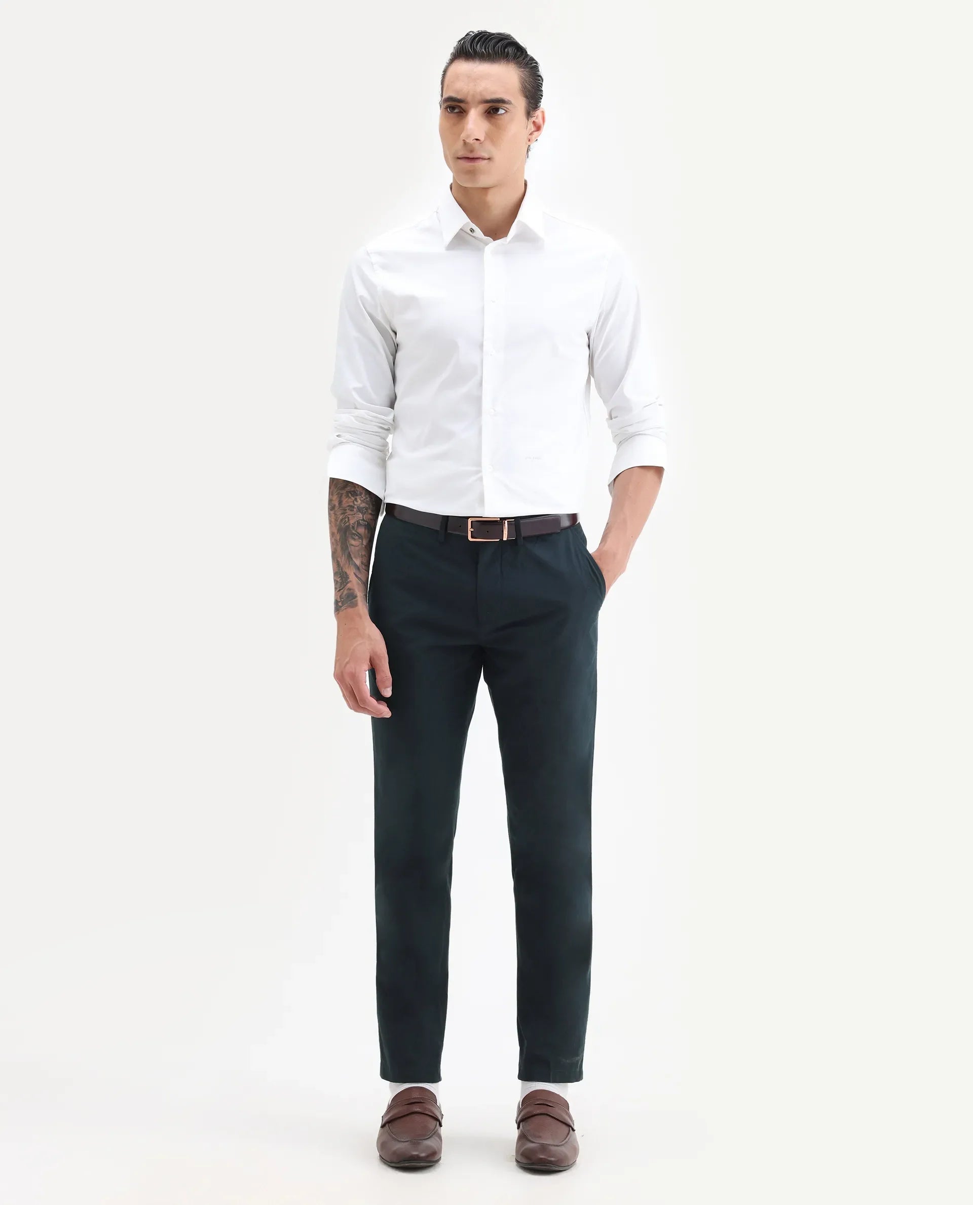 Rare Rabbit Men's Harlow Navy Cotton Plain Regular Fit Trouser