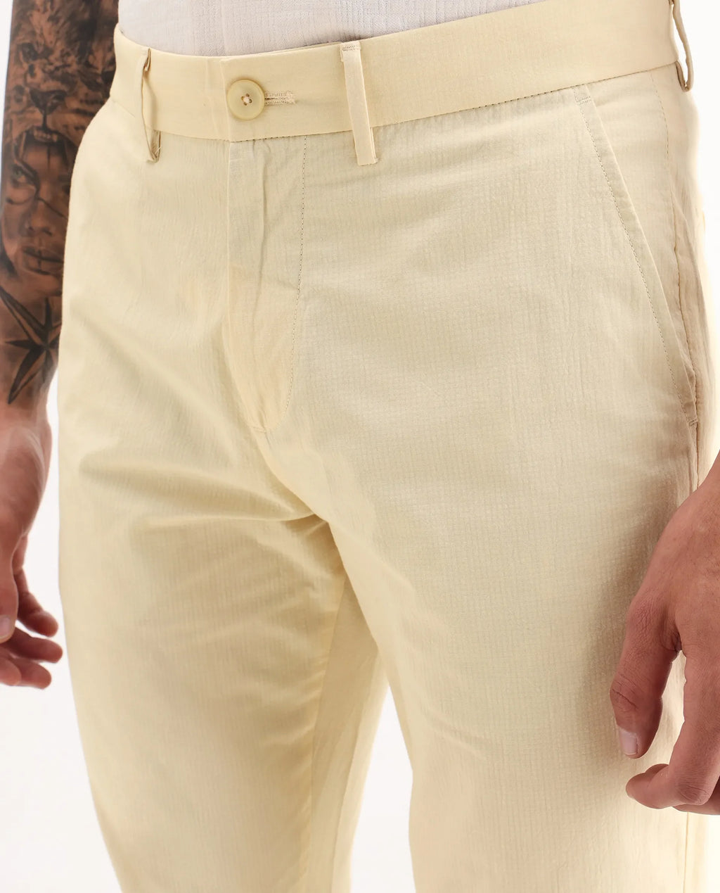 Rare Rabbit Men's Harlow Yellow Cotton Plain Regular Fit Trouser