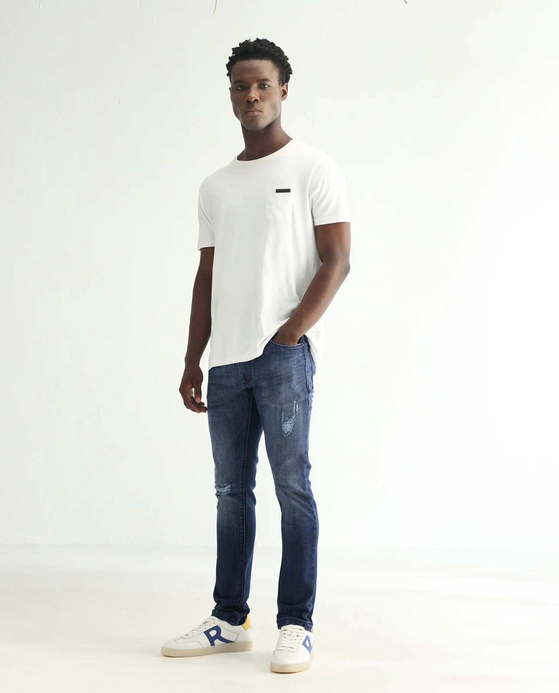 Rare Rabbit Men's Hawkins Dark Blue Cotton Plain Hawk Slim Fit Jeans