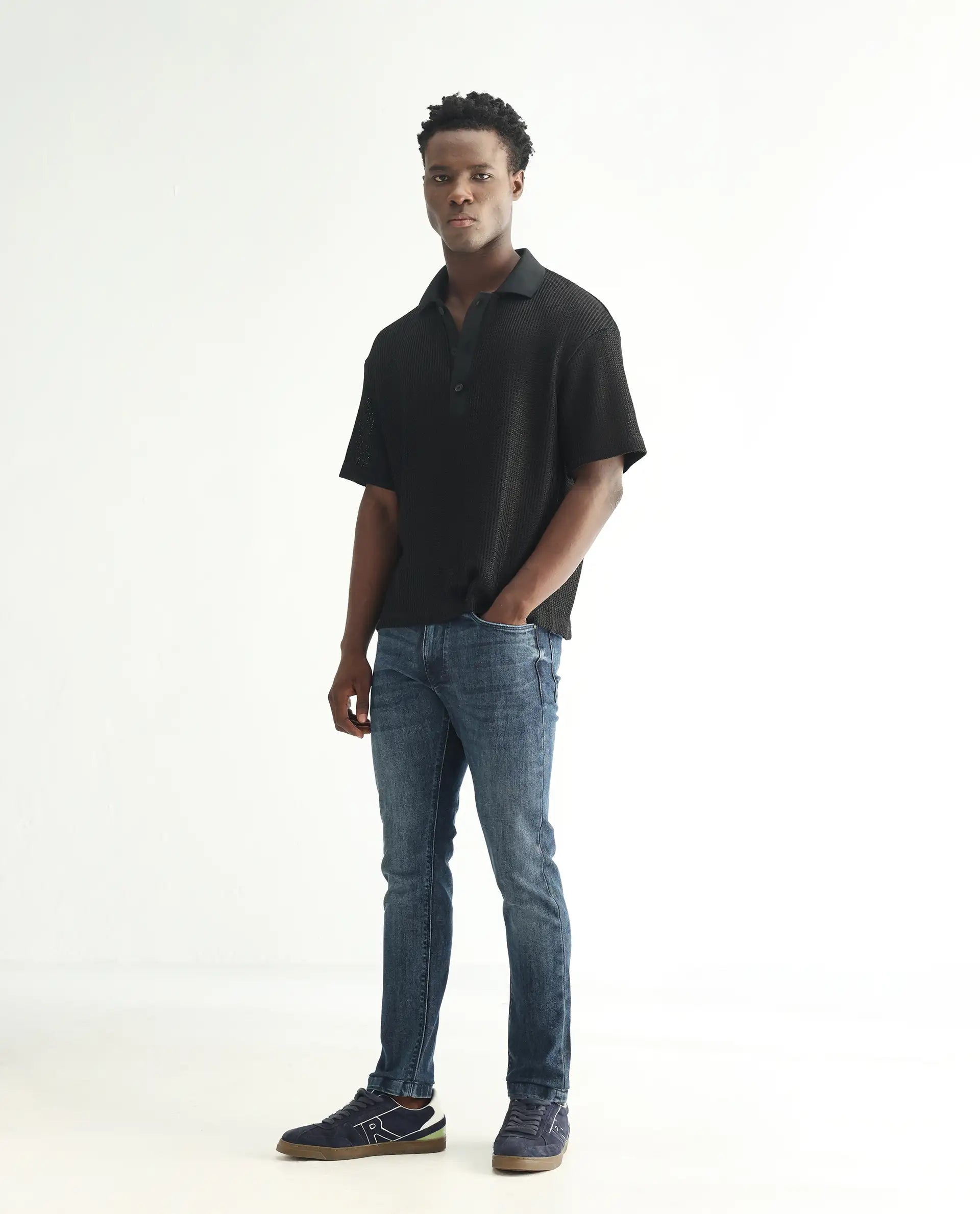 Rare Rabbit Men's Hawkins Dusky Blue Cotton Plain Hawk Slim Fit Jeans