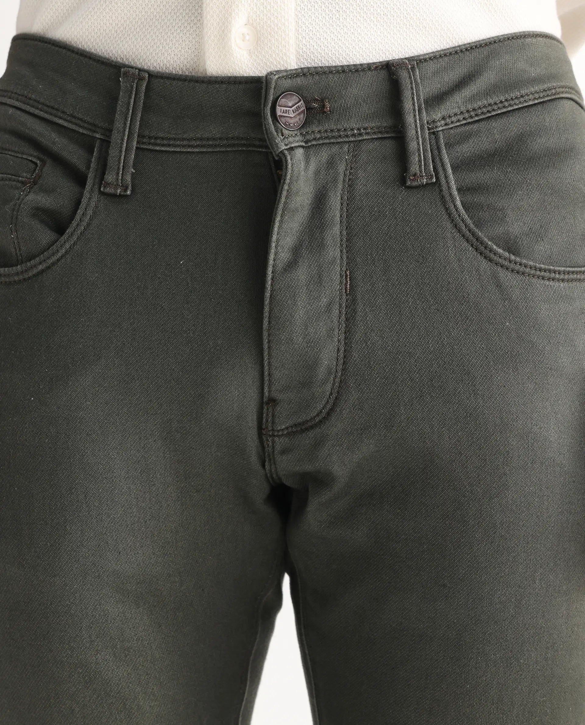 Rare Rabbit Men's Hede Olive Cotton Plain Hawk Slim Fit Jeans
