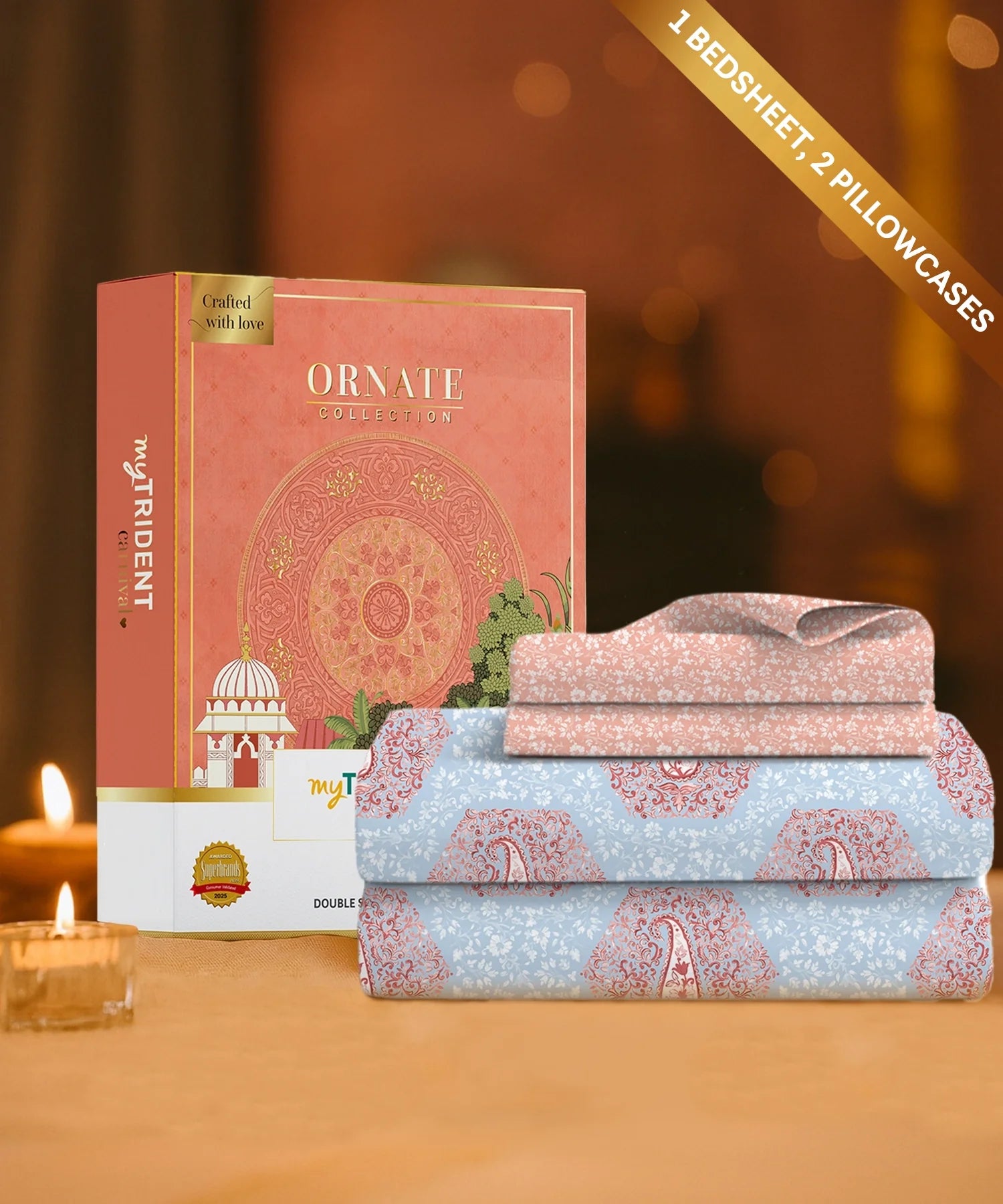 Carnival Ornate Queen Bedsheet, Heer Powder Blue|144 TC Cotton| 2 Pillow Covers
