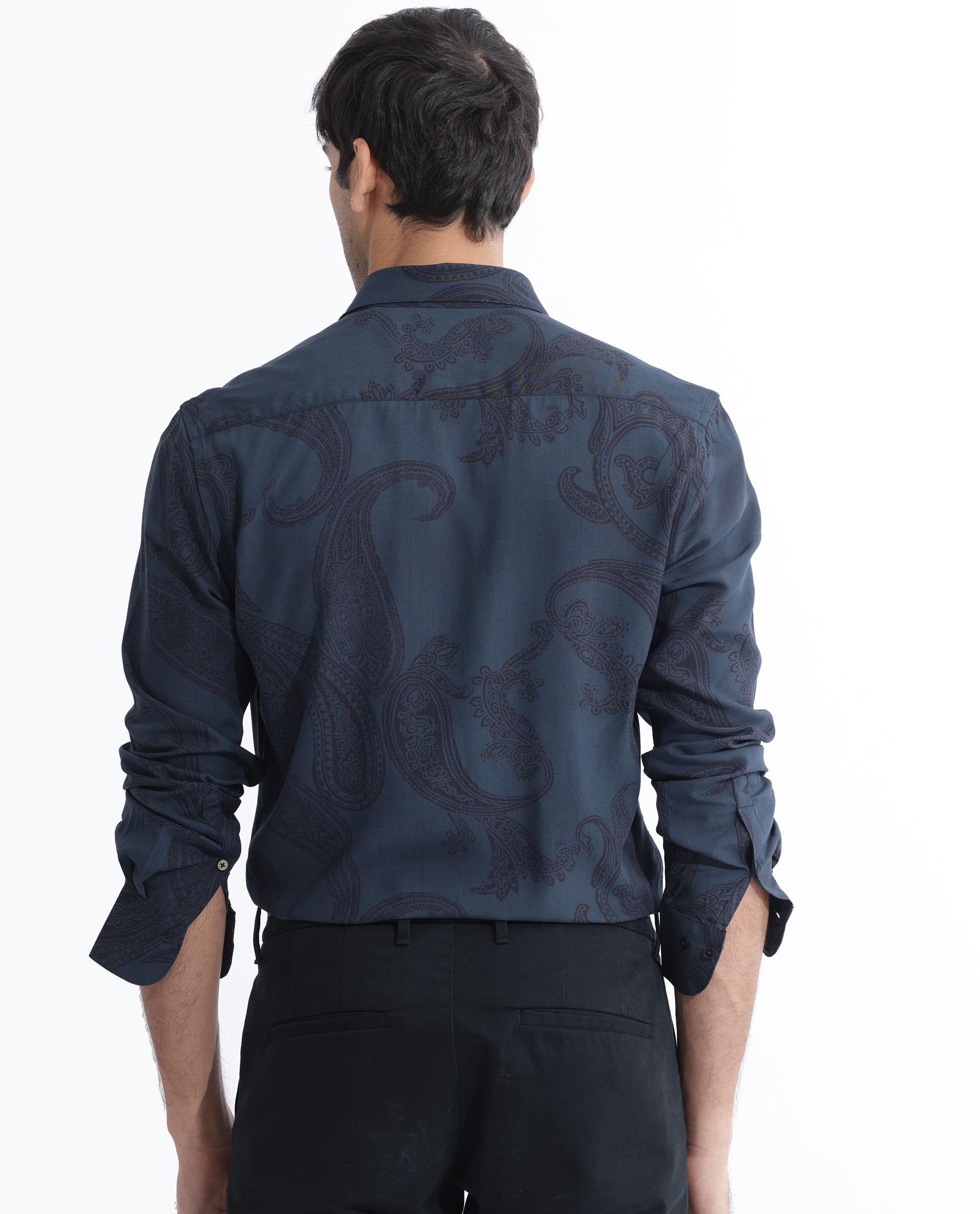 Rare Rabbit Men's Hera Blue Viscose Paisley Print Regular Fit Full Sleeve Collared Shirt