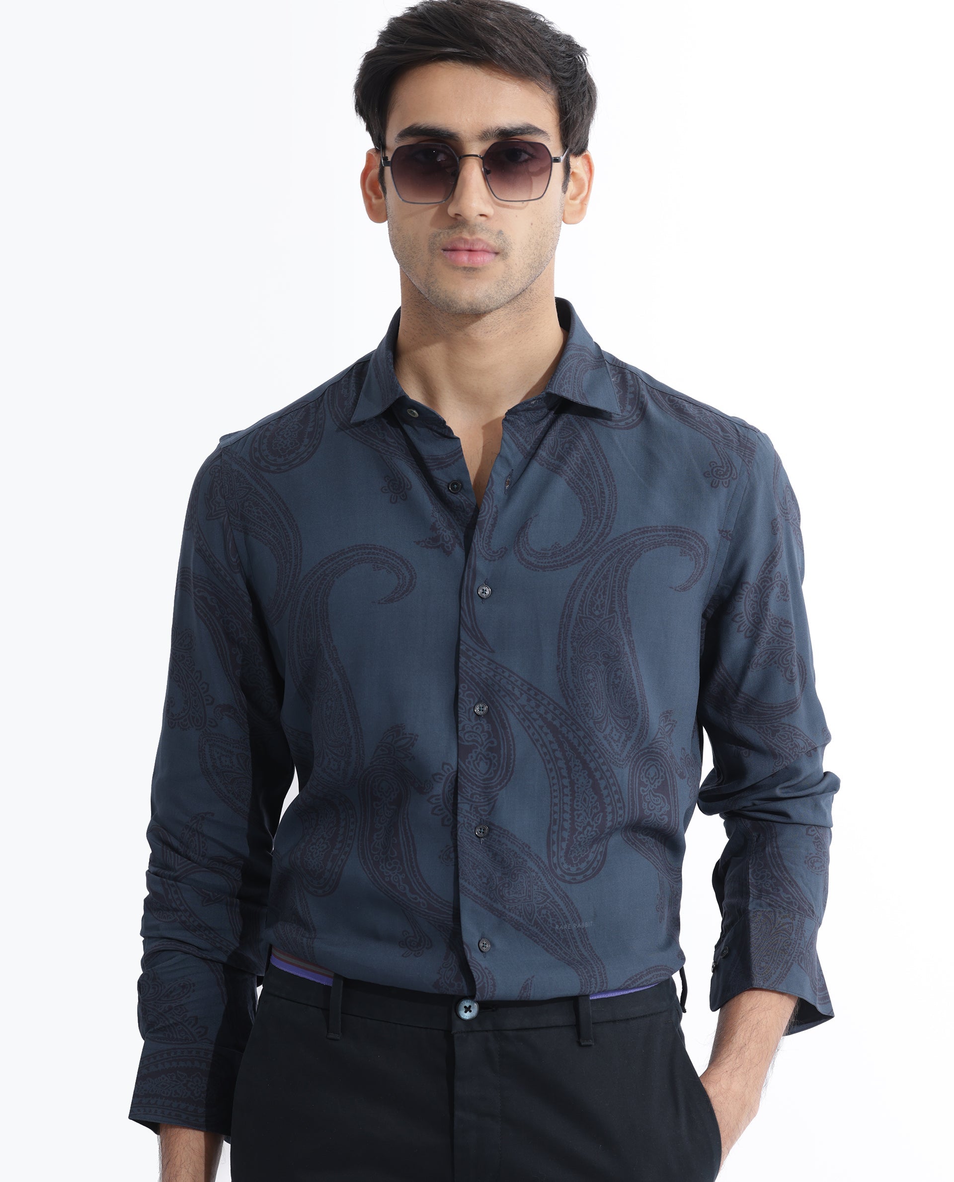 Rare Rabbit Men's Hera Blue Viscose Paisley Print Regular Fit Full Sleeve Collared Shirt