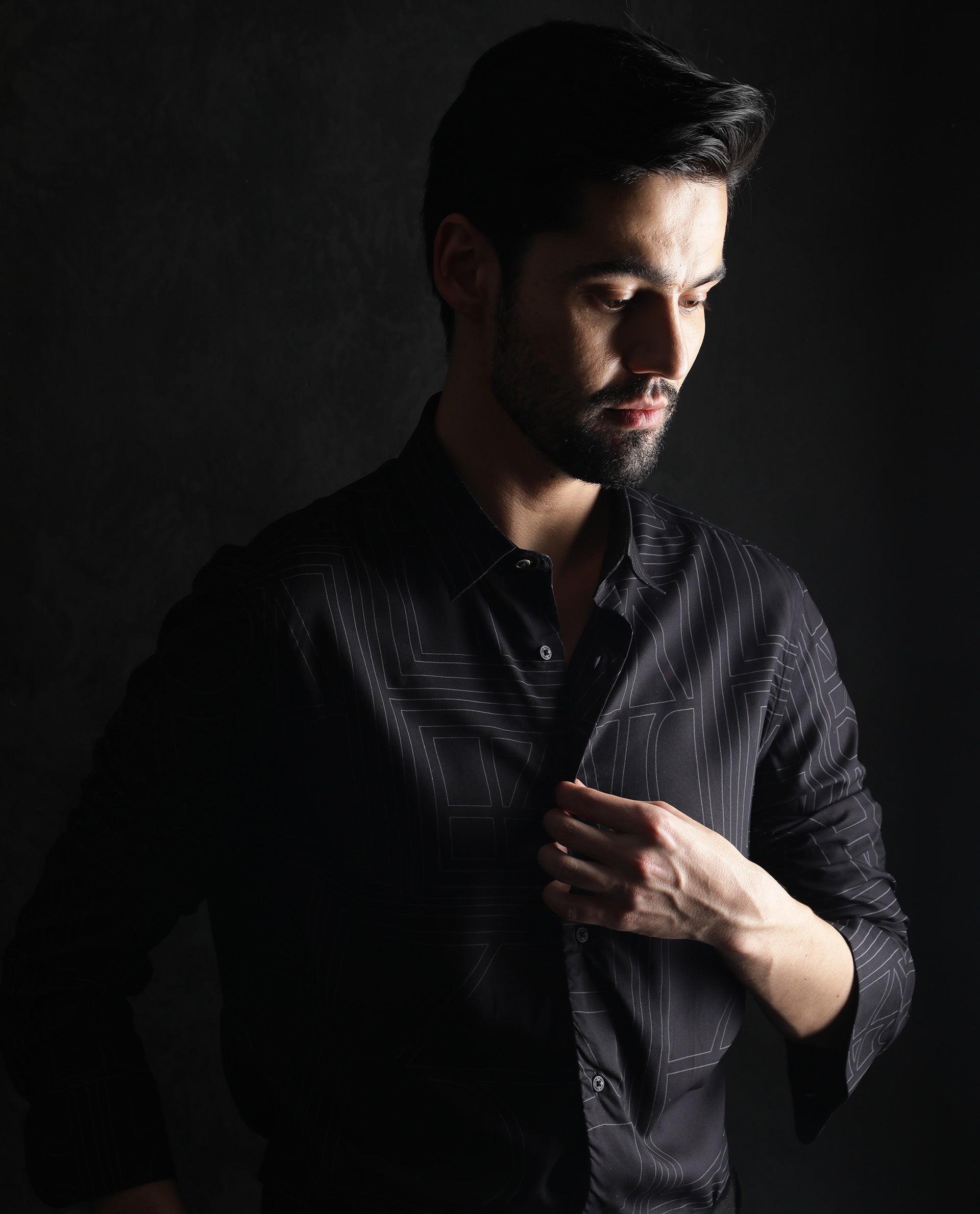 Rare Rabbit Men's Malfor Black Viscose Statement Print Regular Fit Full Sleeve Collared Shirt