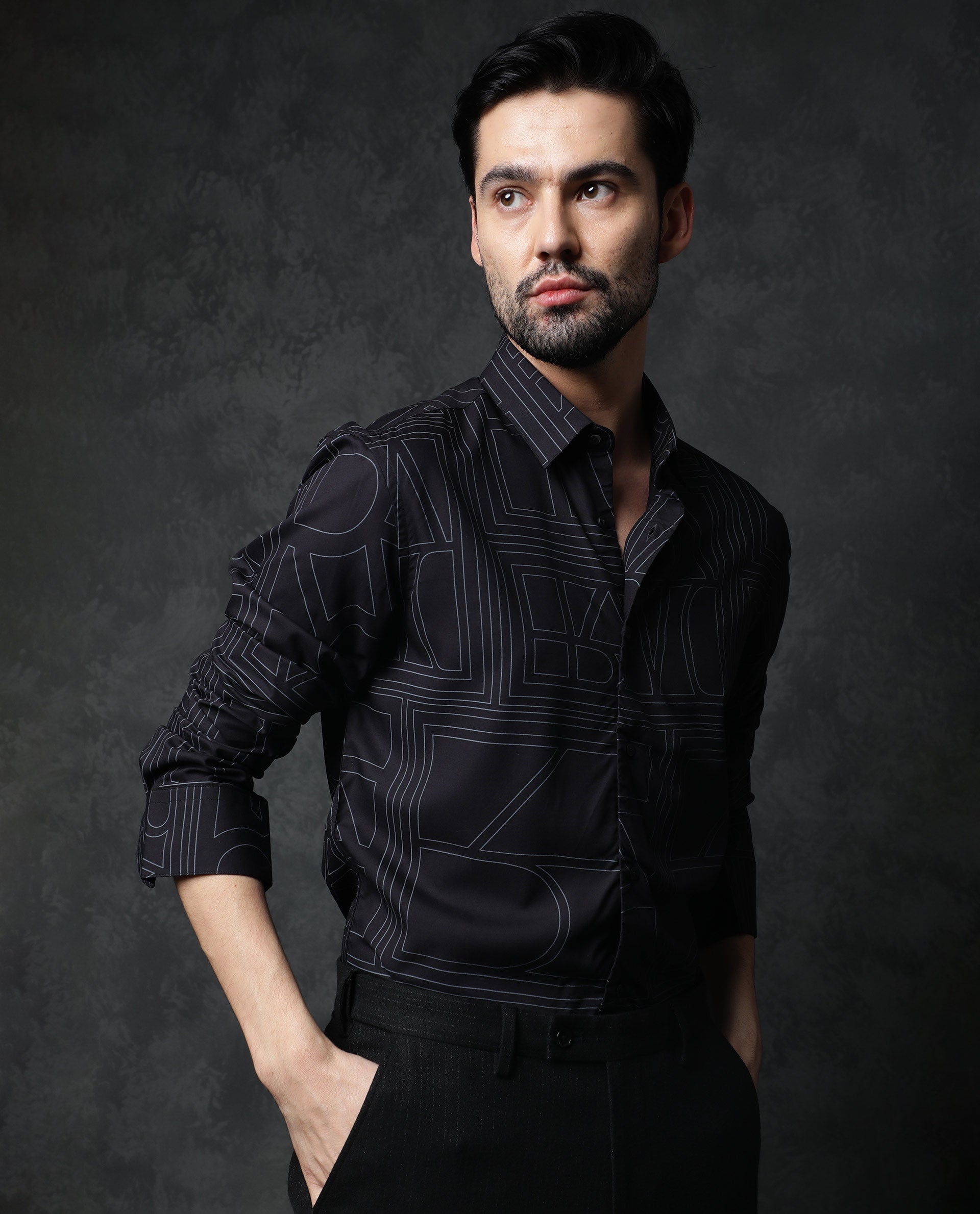 Rare Rabbit Men's Malfor Black Viscose Statement Print Regular Fit Full Sleeve Collared Shirt
