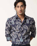 Rare Rabbit Men's Pazzo Navy Cotton Paisley Print Tailored Fit Full Sleeve Spread Collar Shirt
