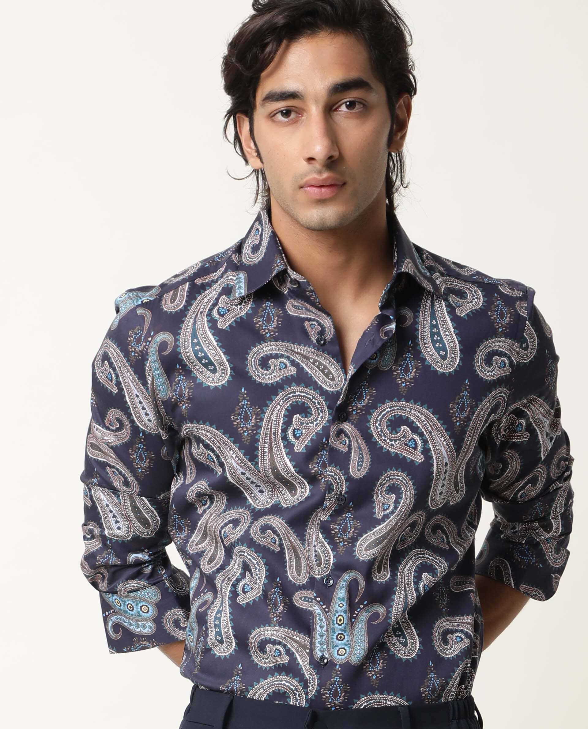 Rare Rabbit Men's Pazzo Navy Cotton Paisley Print Tailored Fit Full Sleeve Spread Collar Shirt