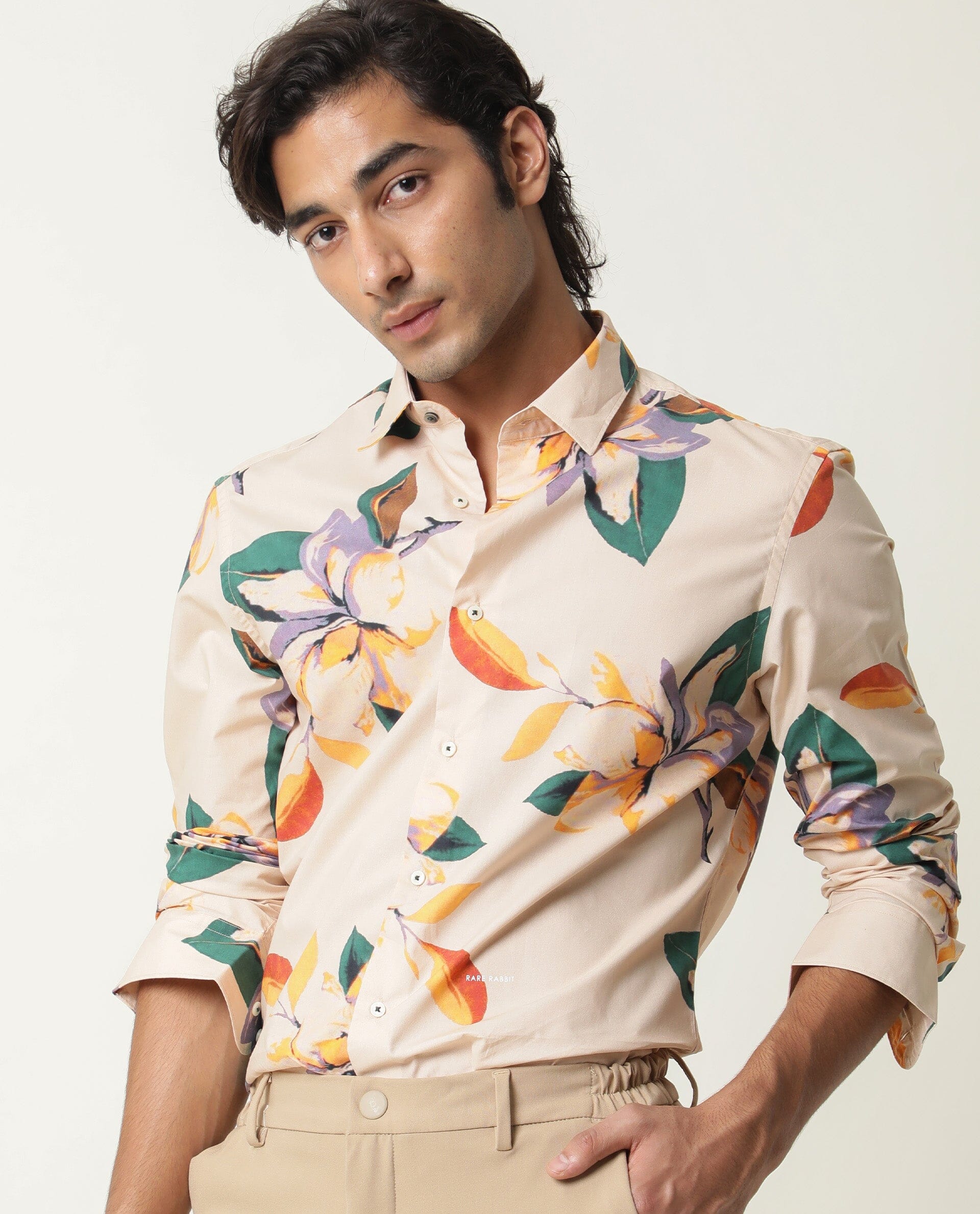 Rare Rabbit Men's Lilium Beige Cotton Floral Print Tailored Fit Full Sleeve Collared Shirt