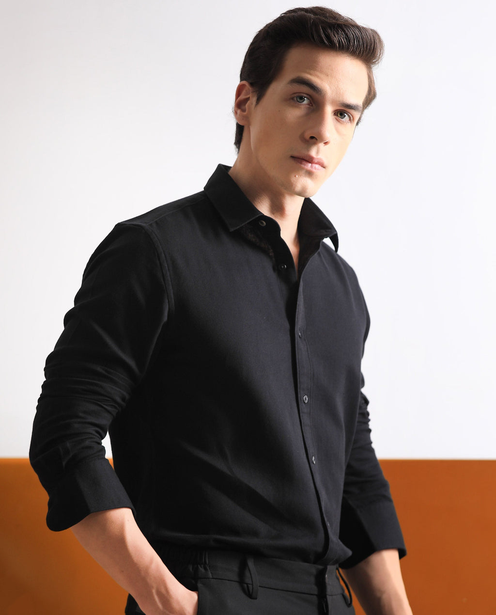 Rare Rabbit Men's Otago Black Cotton Plain Regular Fit Full Sleeve Collared Shirt