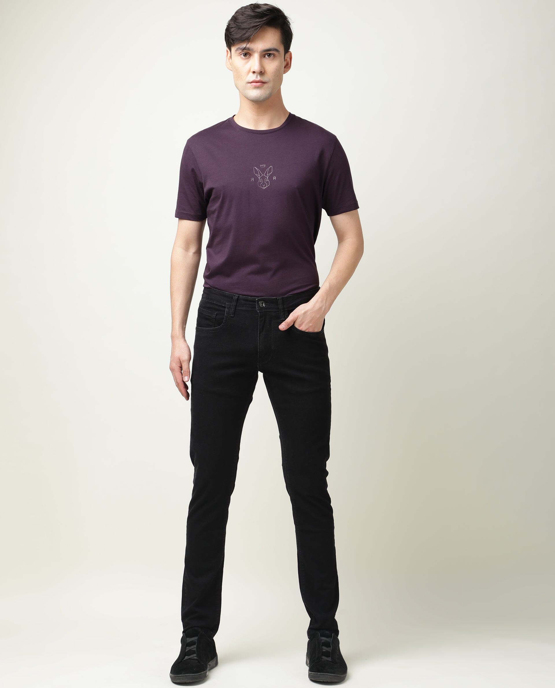 Rare Rabbit Men's Double Black Cotton Plain Hawk Slim Fit Jeans