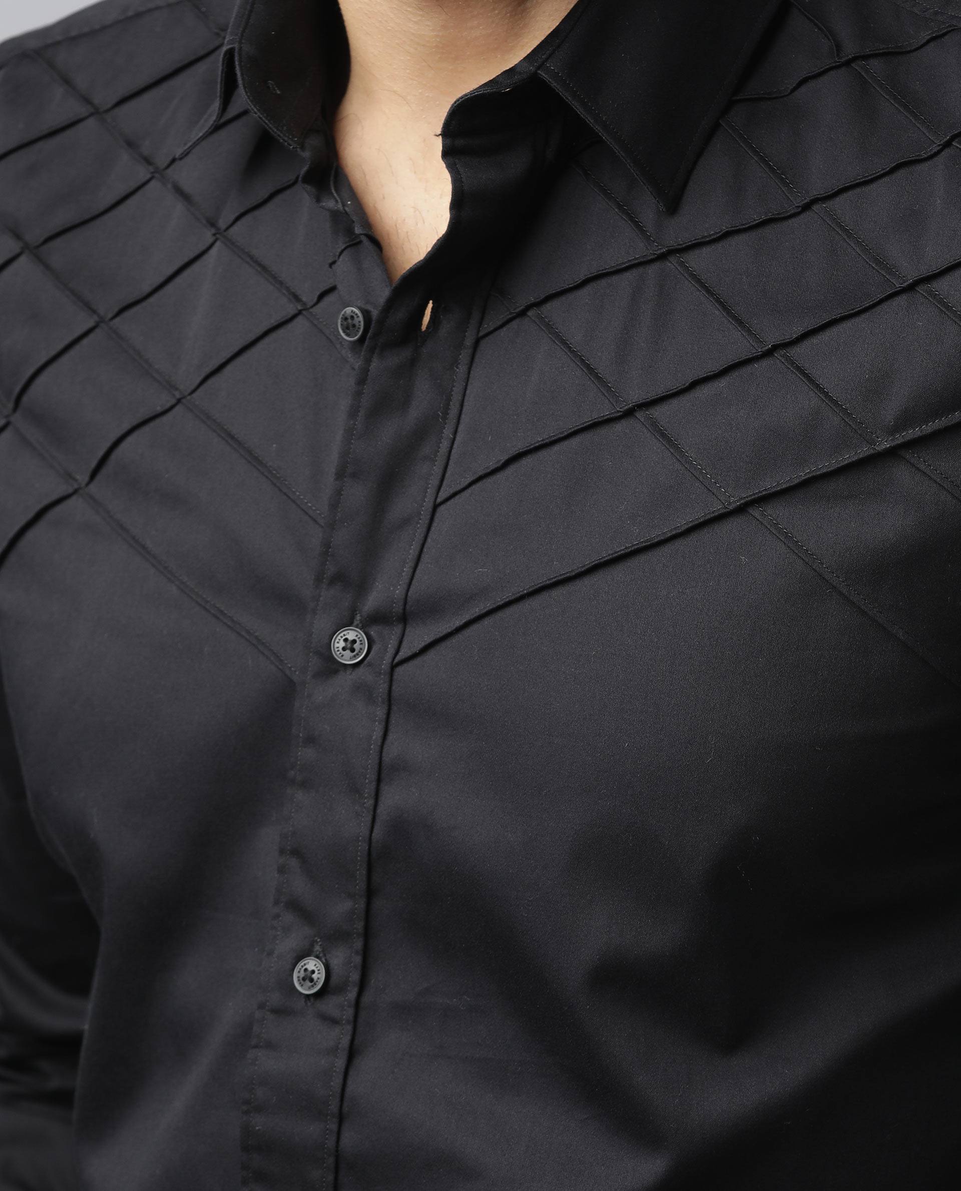 Rare Rabbit Men's Hero Black Cotton Textured Regular Fit Full Sleeve Collared Shirt