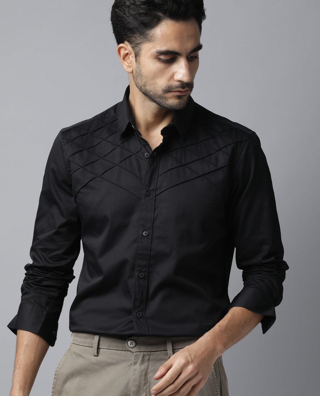 Rare Rabbit Men's Hero Black Cotton Textured Regular Fit Full Sleeve Collared Shirt