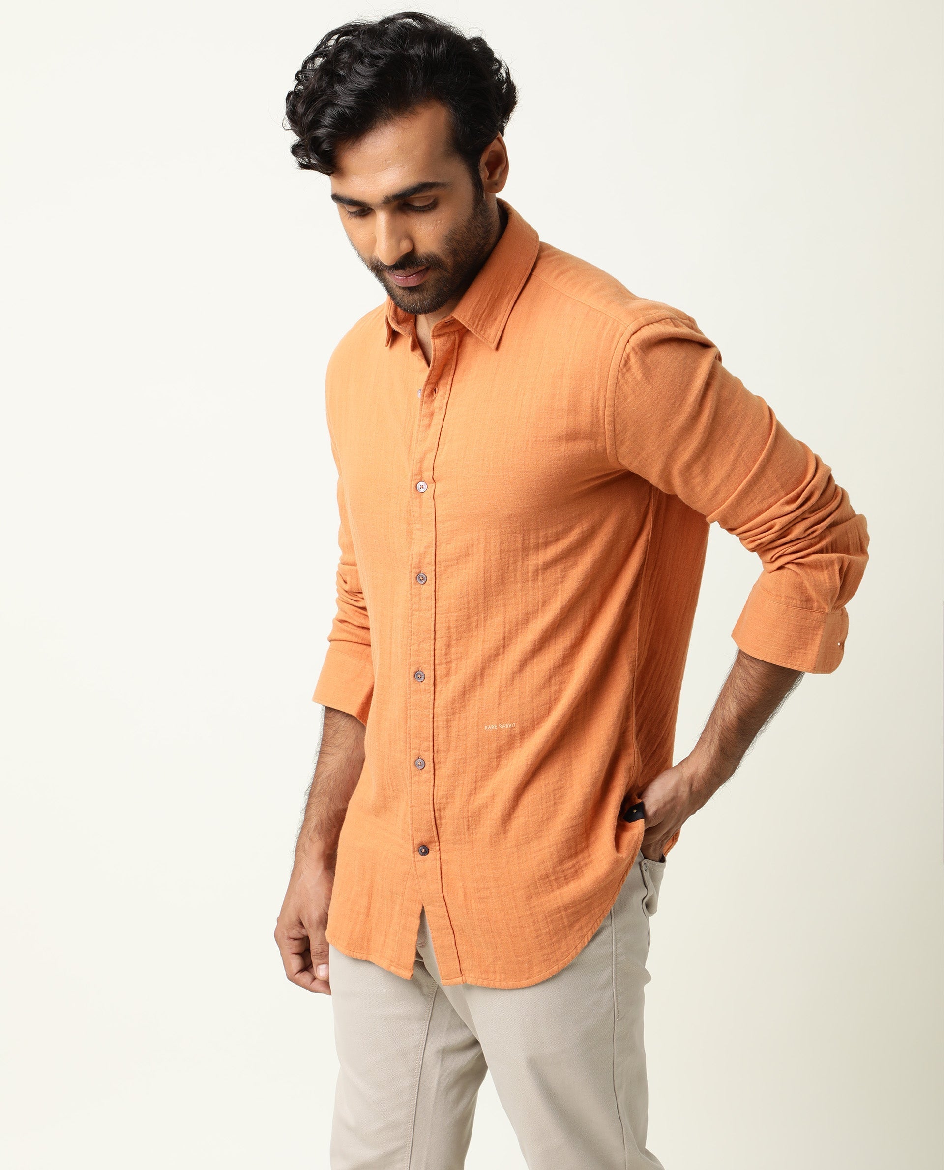 Rare Rabbit Men's Layers Rust Cotton Plain Regular Fit Full Sleeve Collared Shirt