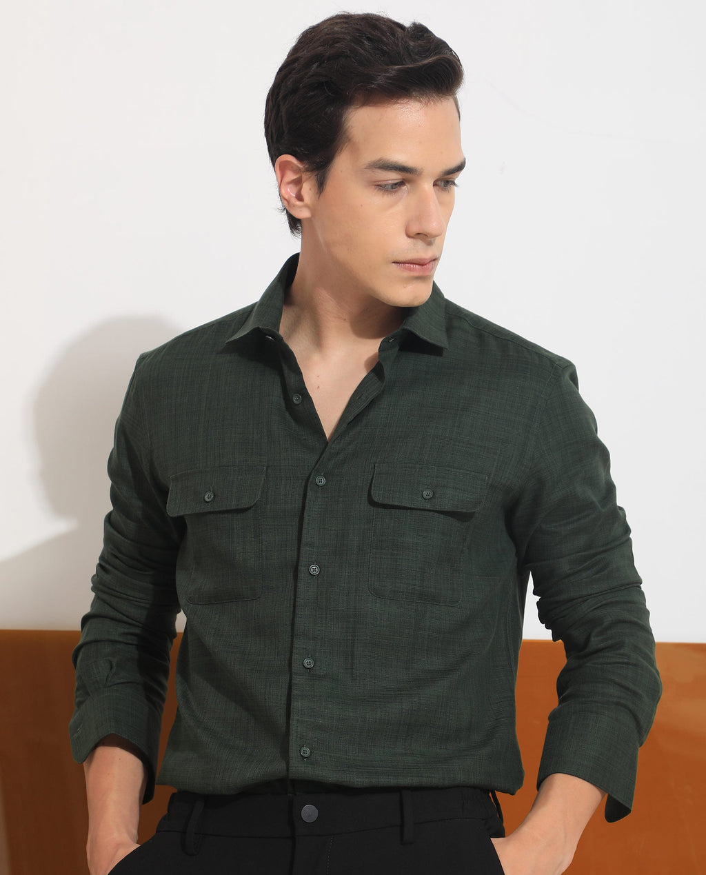 Rare Rabbit Men's Safa Olive Cotton Plain Regular Fit Full Sleeve Collared Shirt