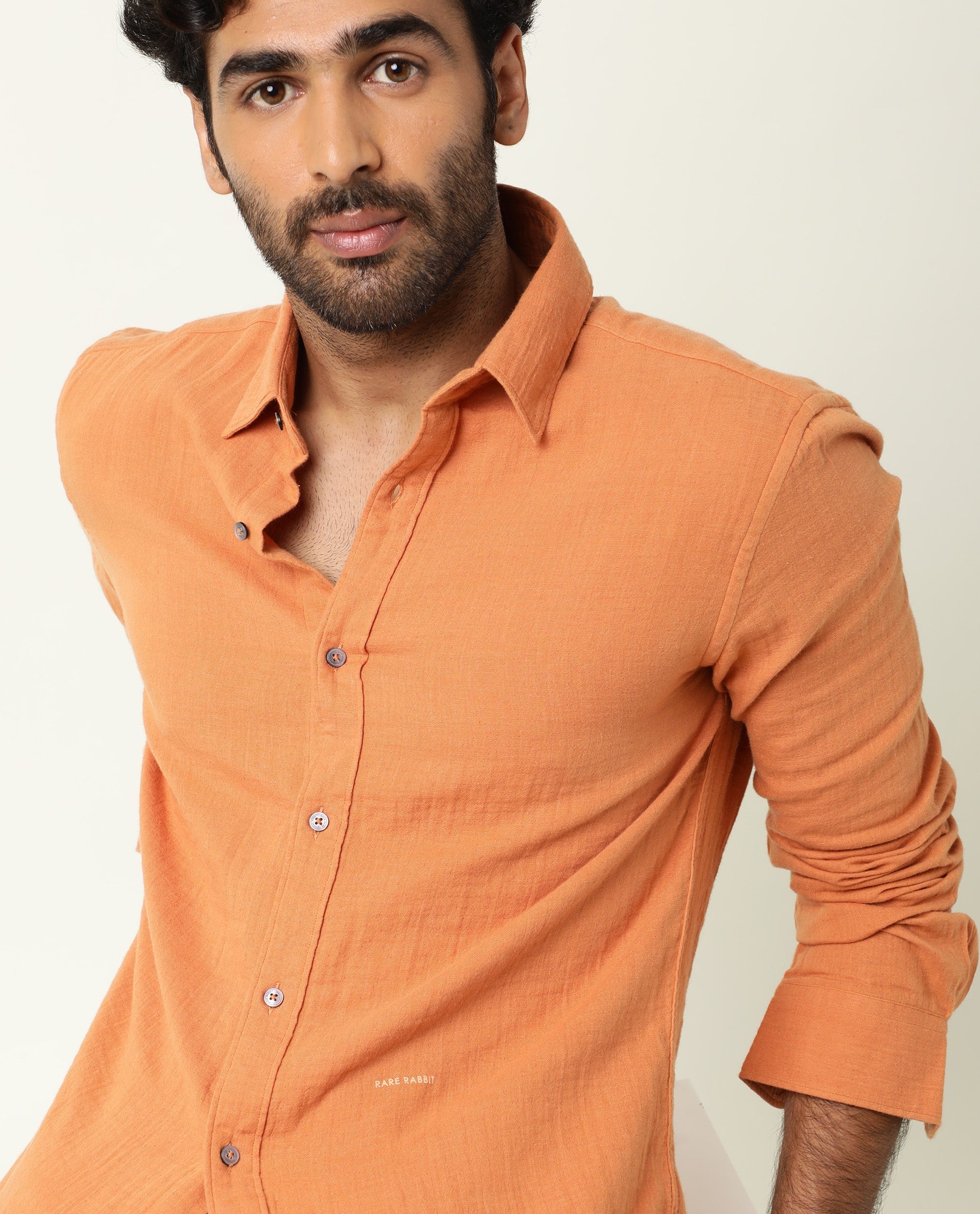 Rare Rabbit Men's Layers Rust Cotton Plain Regular Fit Full Sleeve Collared Shirt