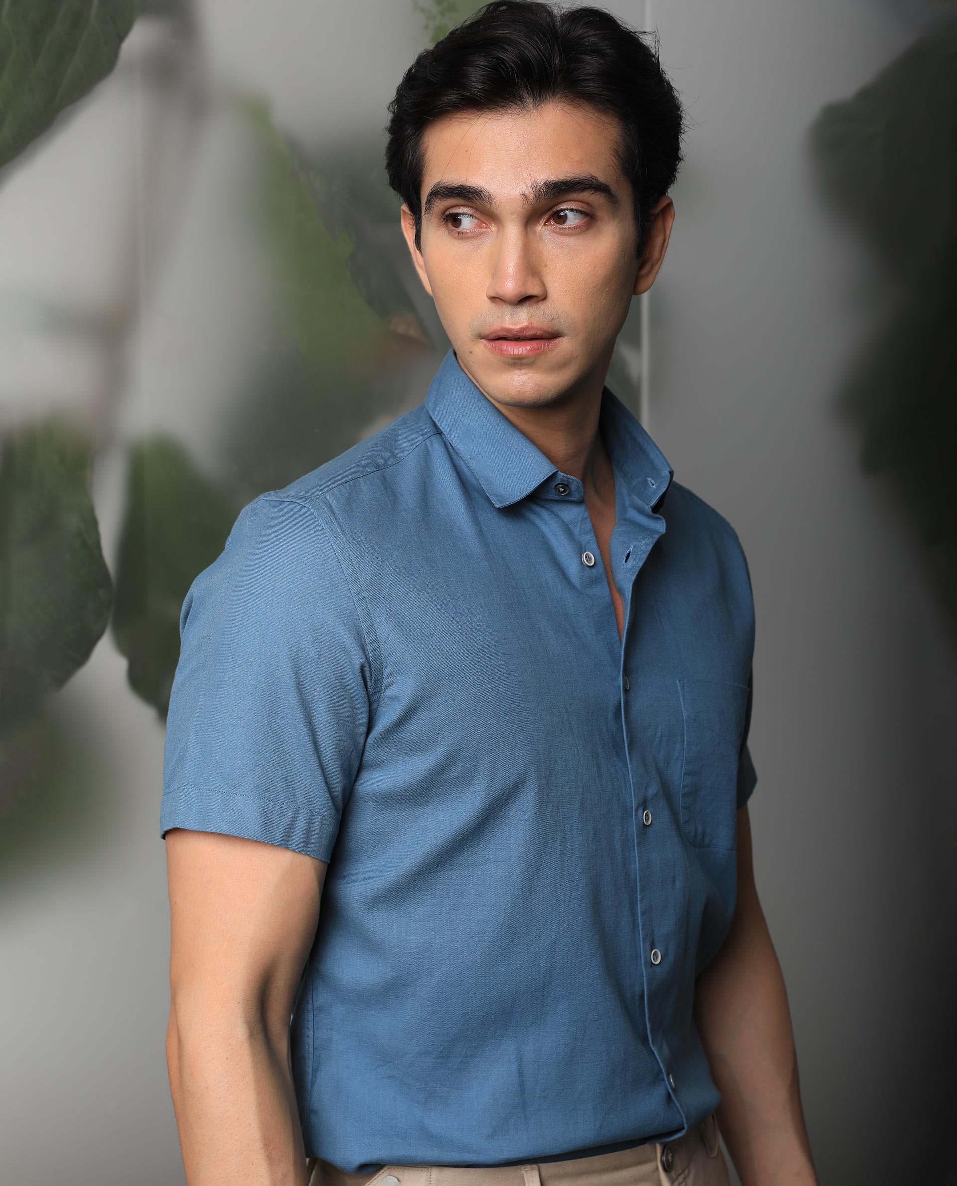 Rare Rabbit Men's Darwin - Blue Cotton Plain Regular Fit Half Sleeve Collared Shirt