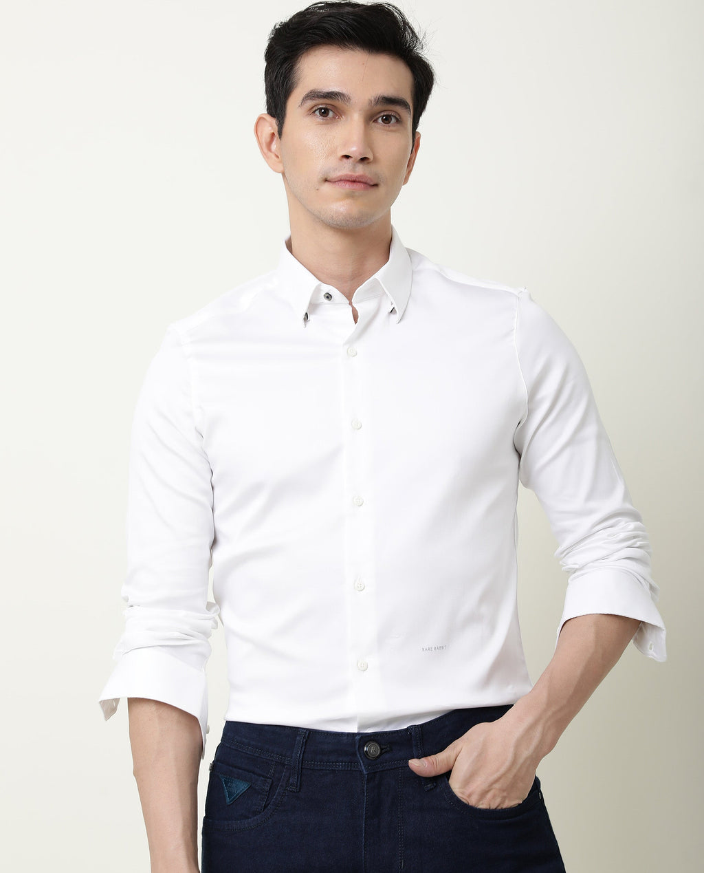 Rare Rabbit Men's Satin White Cotton Plain Regular Fit Full Sleeve Spread Collar Shirt