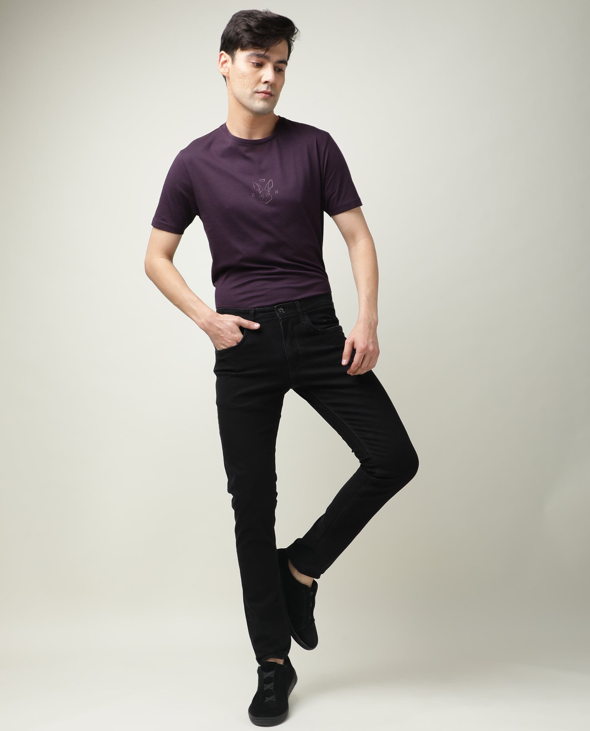 Rare Rabbit Men's Double Black 2 Black Cotton Plain Hawk Slim Fit Jeans