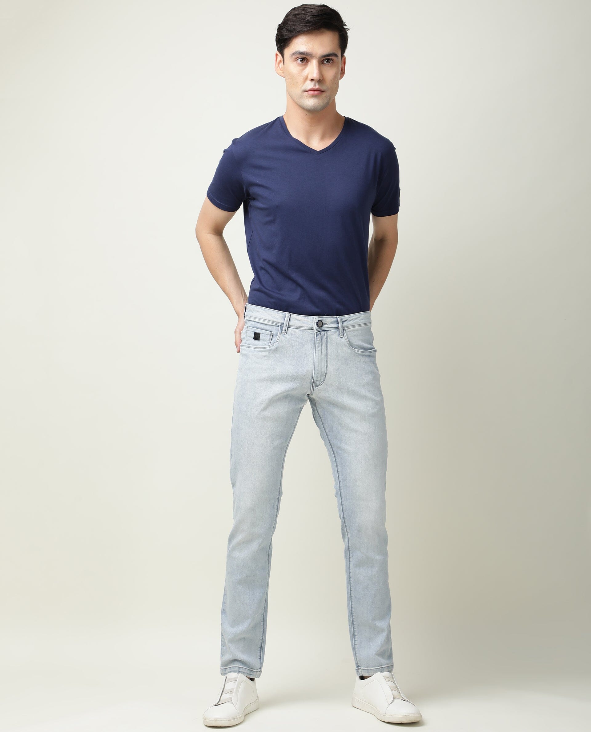 Rare Rabbit Men's Dallas Blue Cotton Plain Hawk Slim Fit Jeans
