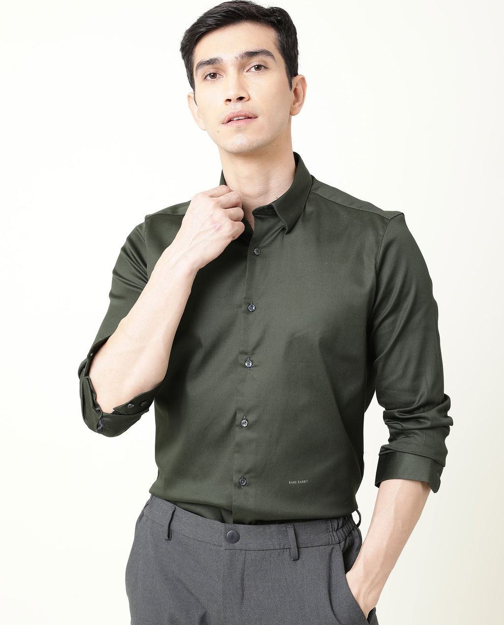 Rare Rabbit Men's Satin Green Plain Regular Fit Full Sleeve Spread Collar Shirt