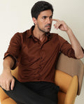 Rare Rabbit Men's Holand Rust Satin Plain Regular Fit Full Sleeve Collared Shirt