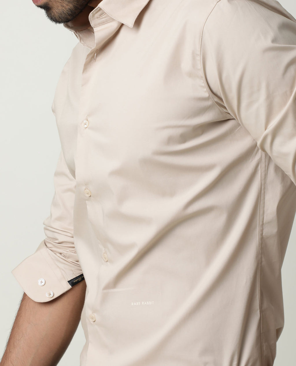 Rare Rabbit Men's Neutrons Beige Cotton Plain Regular Fit Full Sleeve Collared Shirt
