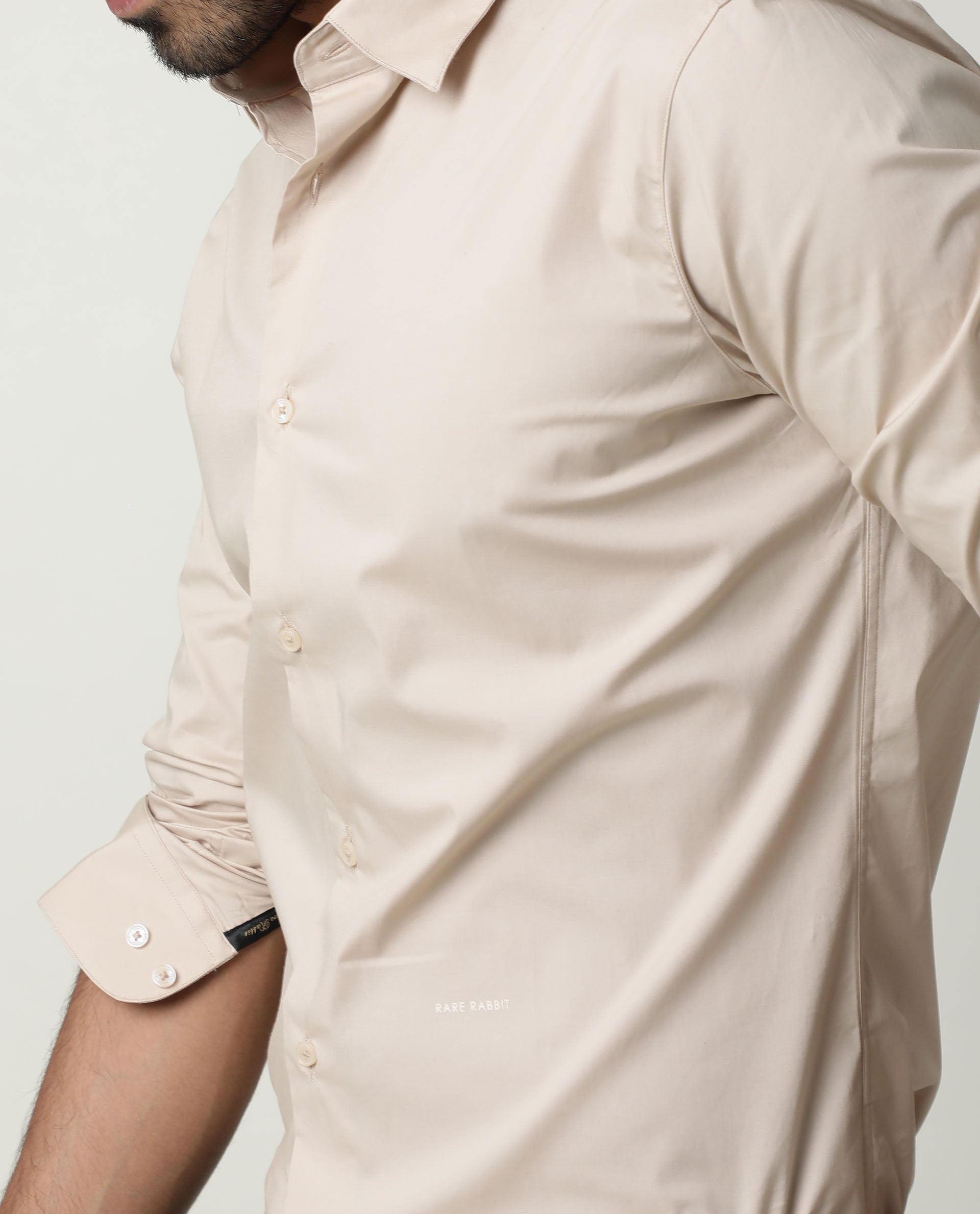 Rare Rabbit Men's Neutrons Beige Cotton Plain Regular Fit Full Sleeve Collared Shirt