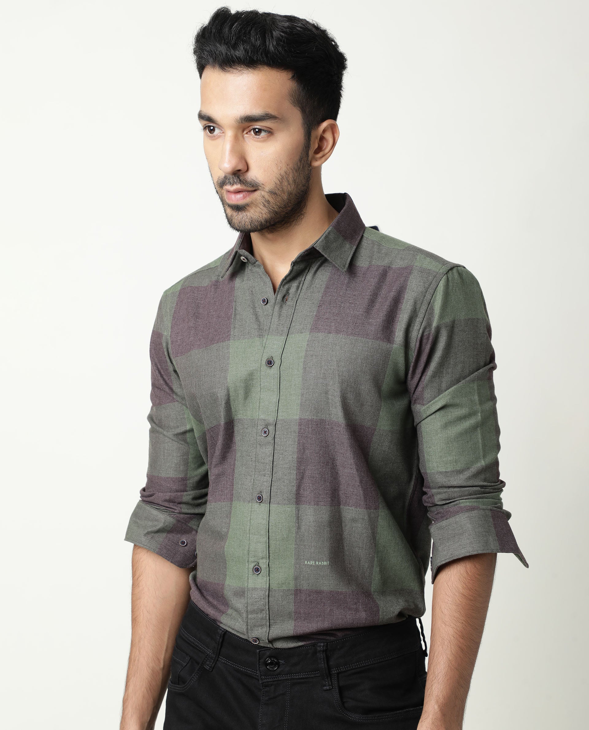 Rare Rabbit Men's Edd Green Cotton Checked Print Tailored Fit Full Sleeve Collared Shirt
