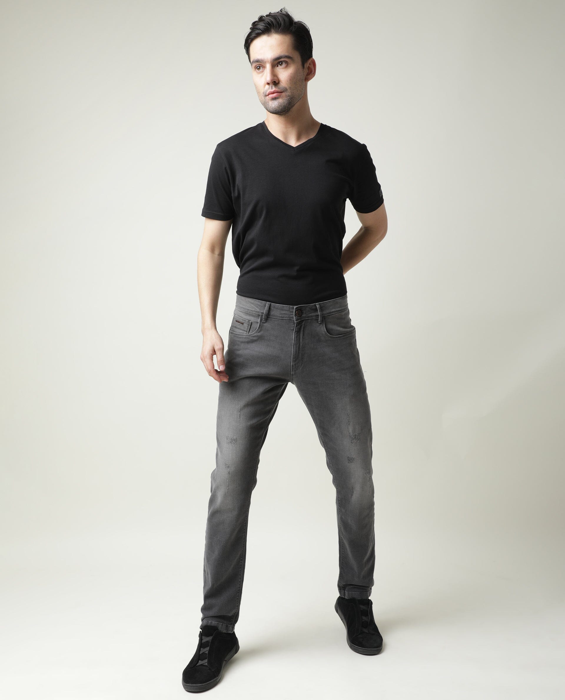 Rare Rabbit Men's Granate Grey Plain Morris Regular Fit Jeans
