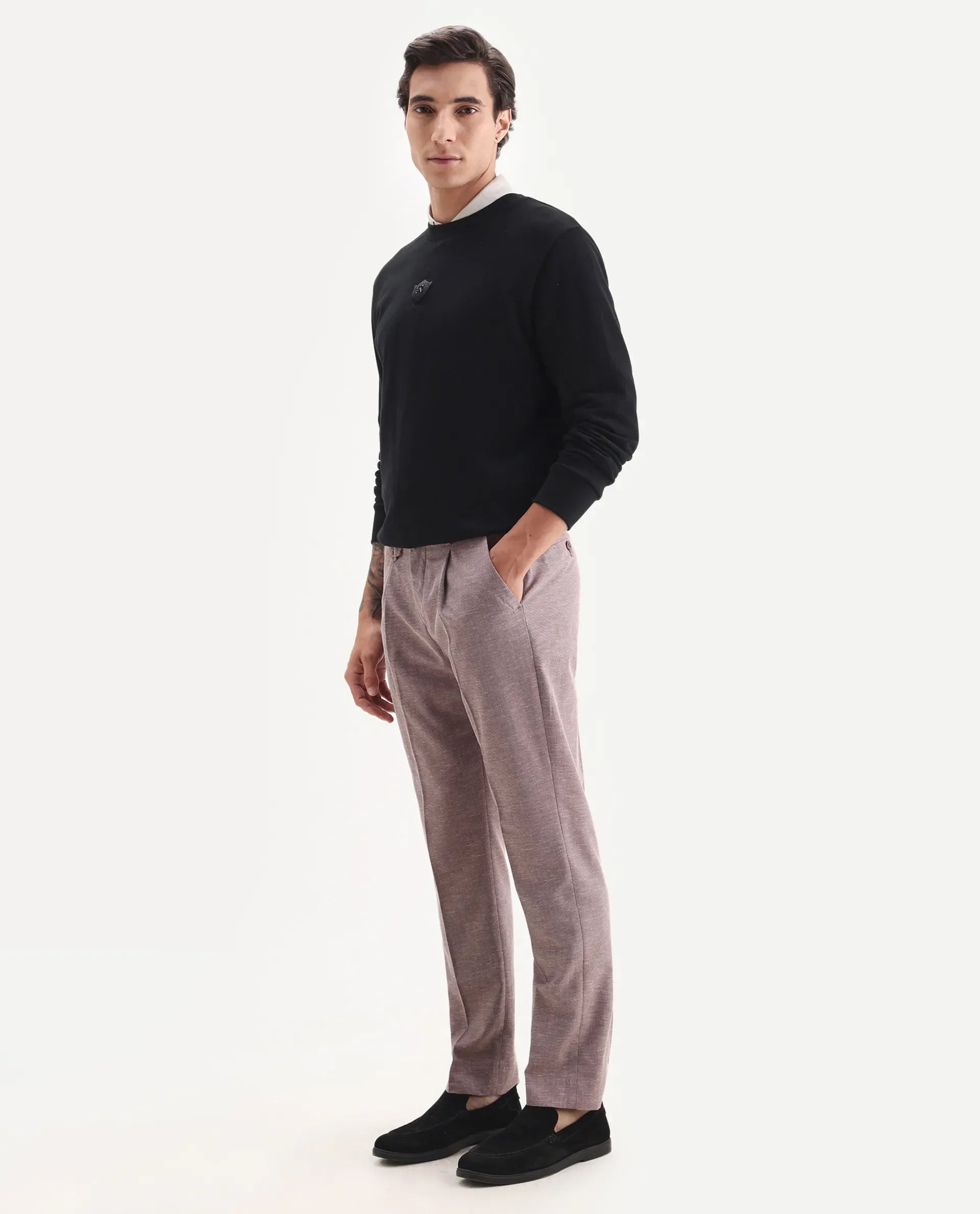 Rare Rabbit Men's Hobbs Dark Purple Cotton Checked Print Regular Fit Trouser