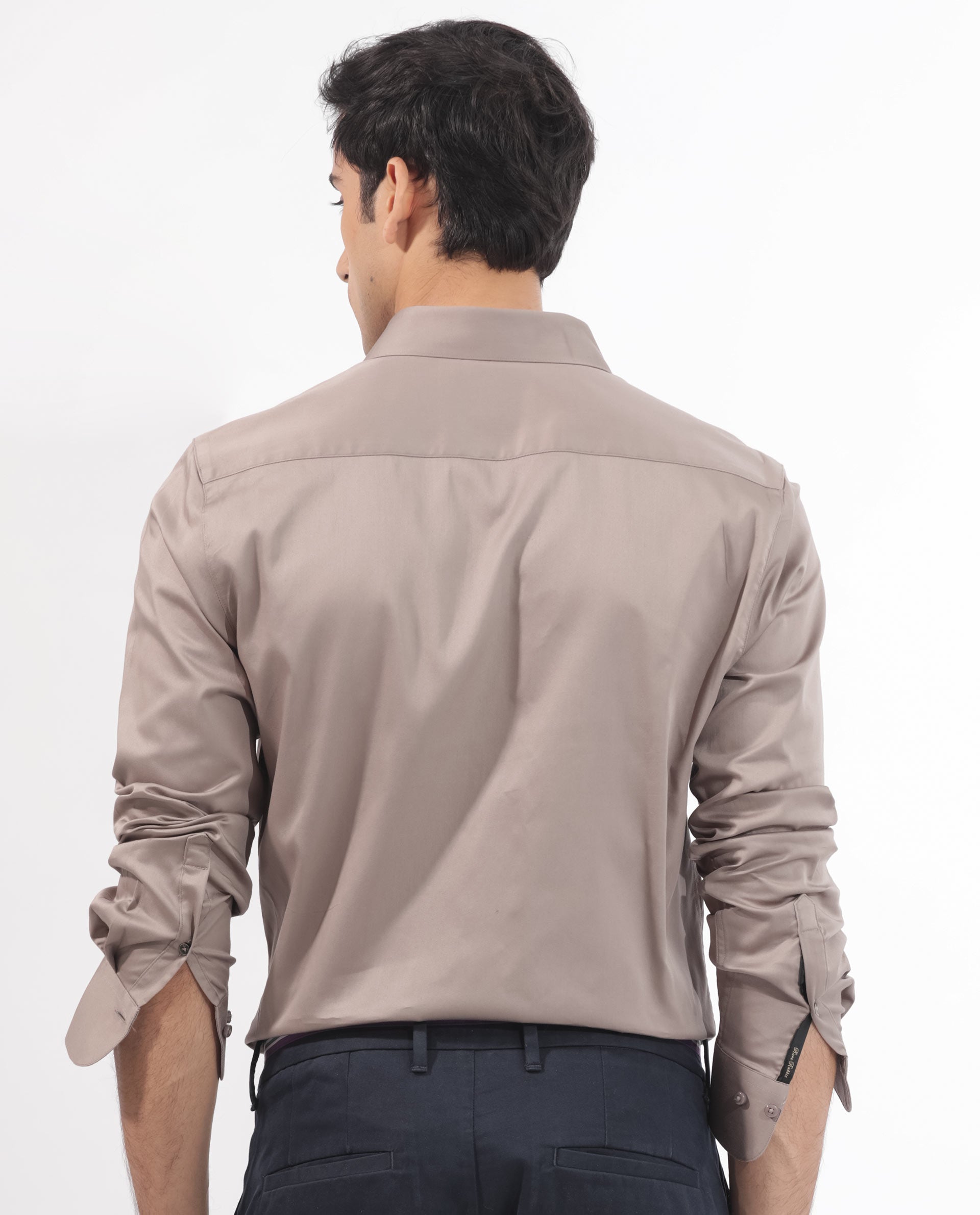 Rare Rabbit Men's Holand Beige Satin Plain Regular Fit Full Sleeve Collared Shirt