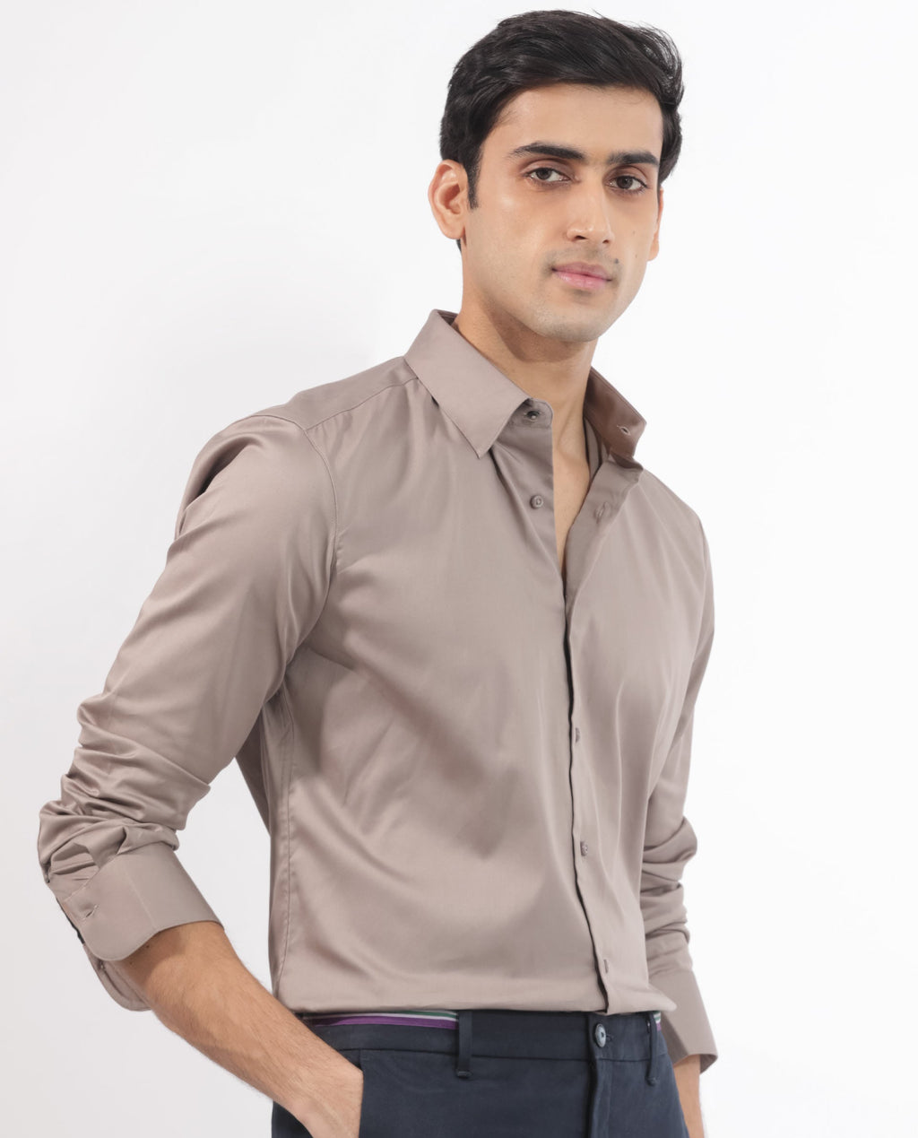Rare Rabbit Men's Holand Beige Satin Plain Regular Fit Full Sleeve Collared Shirt