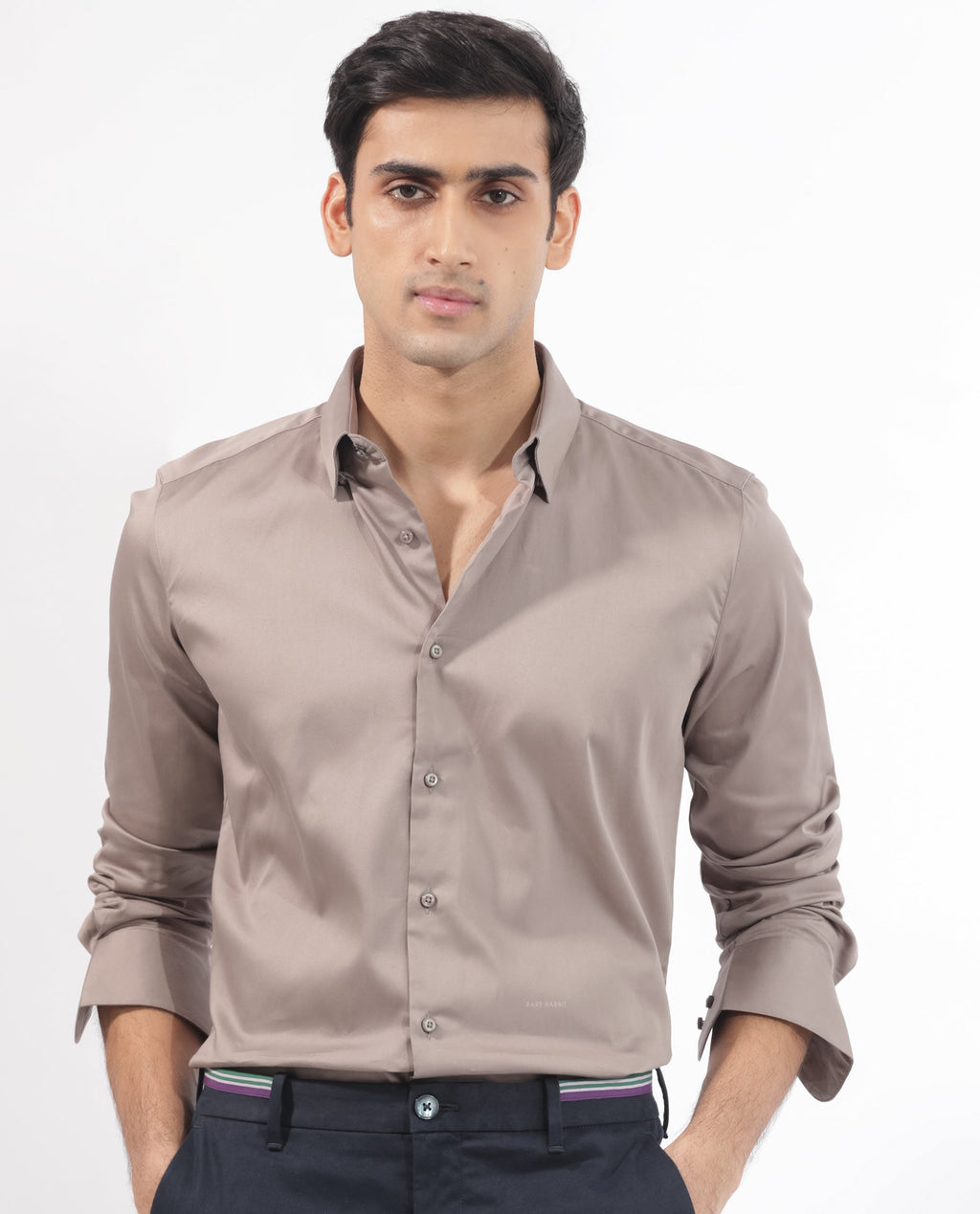Rare Rabbit Men's Holand Beige Satin Plain Regular Fit Full Sleeve Collared Shirt