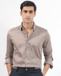 Rare Rabbit Men's Holand Beige Satin Plain Regular Fit Full Sleeve Collared Shirt
