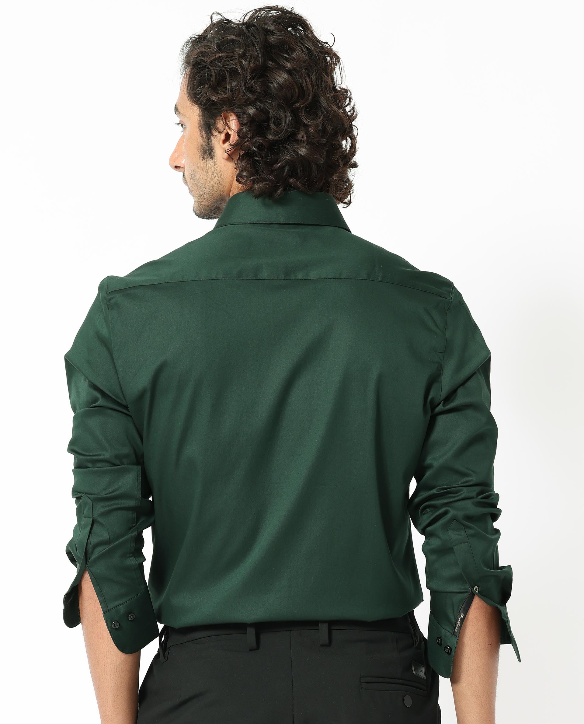 Rare Rabbit Men's Holand Dark Olive Satin Plain Regular Fit Full Sleeve Collared Shirt
