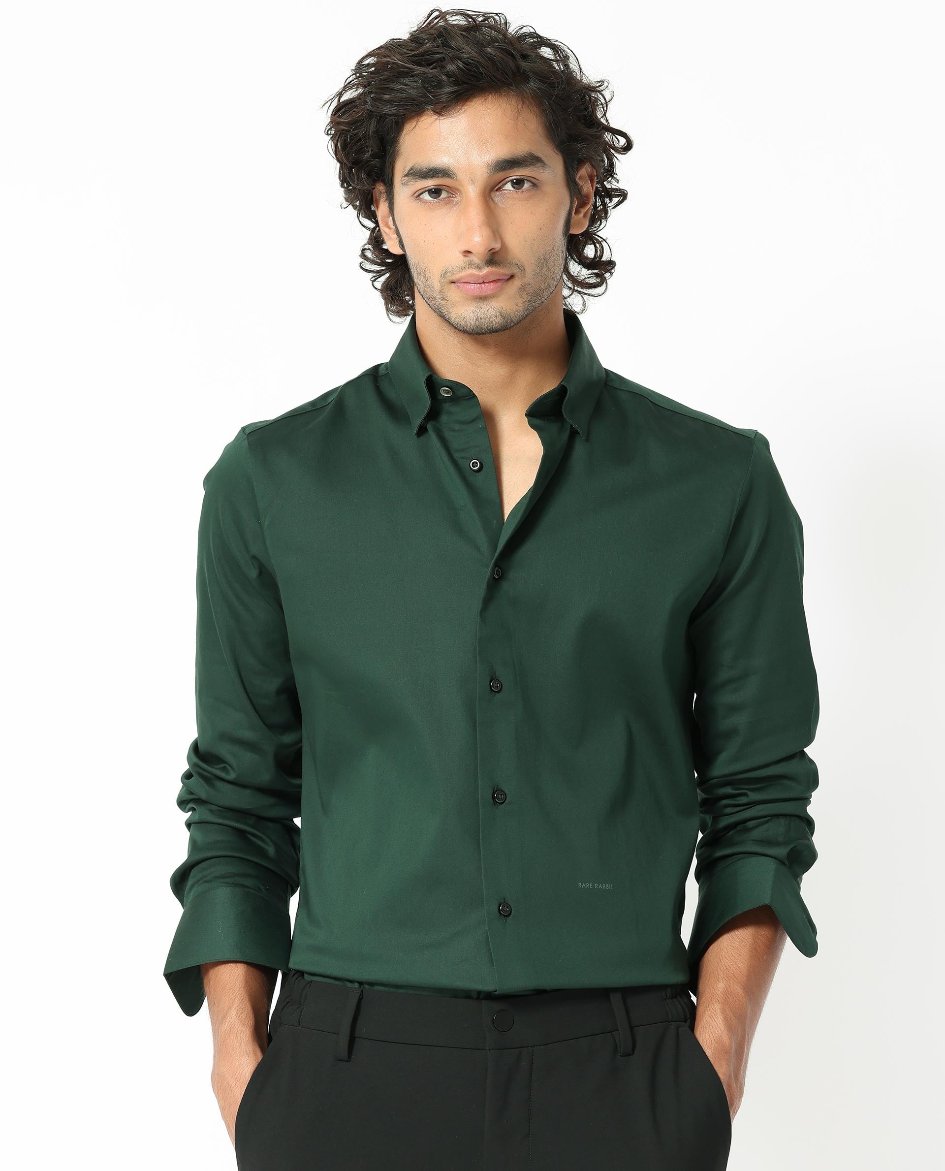 Rare Rabbit Men's Holand Dark Olive Satin Plain Regular Fit Full Sleeve Collared Shirt