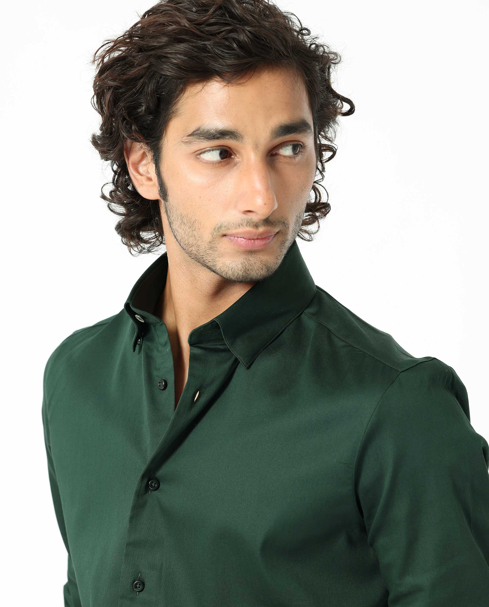 Rare Rabbit Men's Holand Dark Olive Satin Plain Regular Fit Full Sleeve Collared Shirt