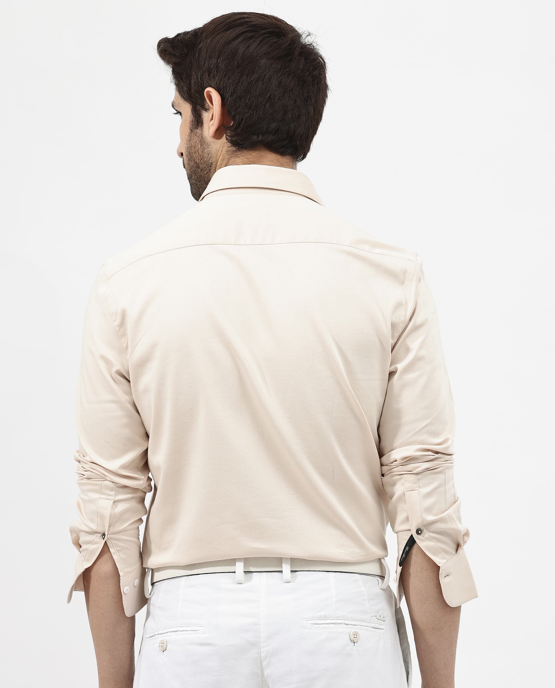 Rare Rabbit Men's Holand Light Beige Satin Plain Regular Fit Full Sleeve Collared Shirt