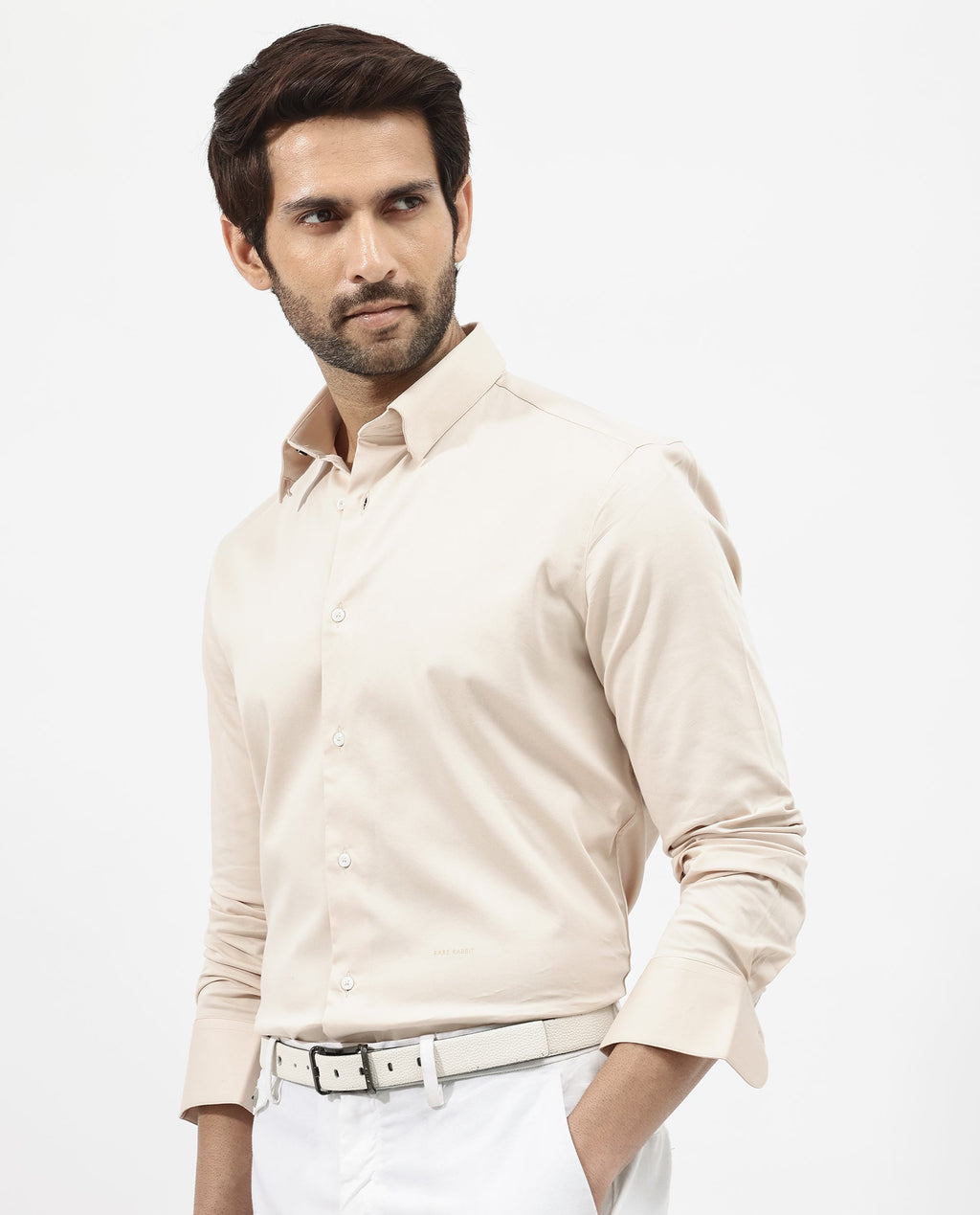 Rare Rabbit Men's Holand Light Beige Satin Plain Regular Fit Full Sleeve Collared Shirt