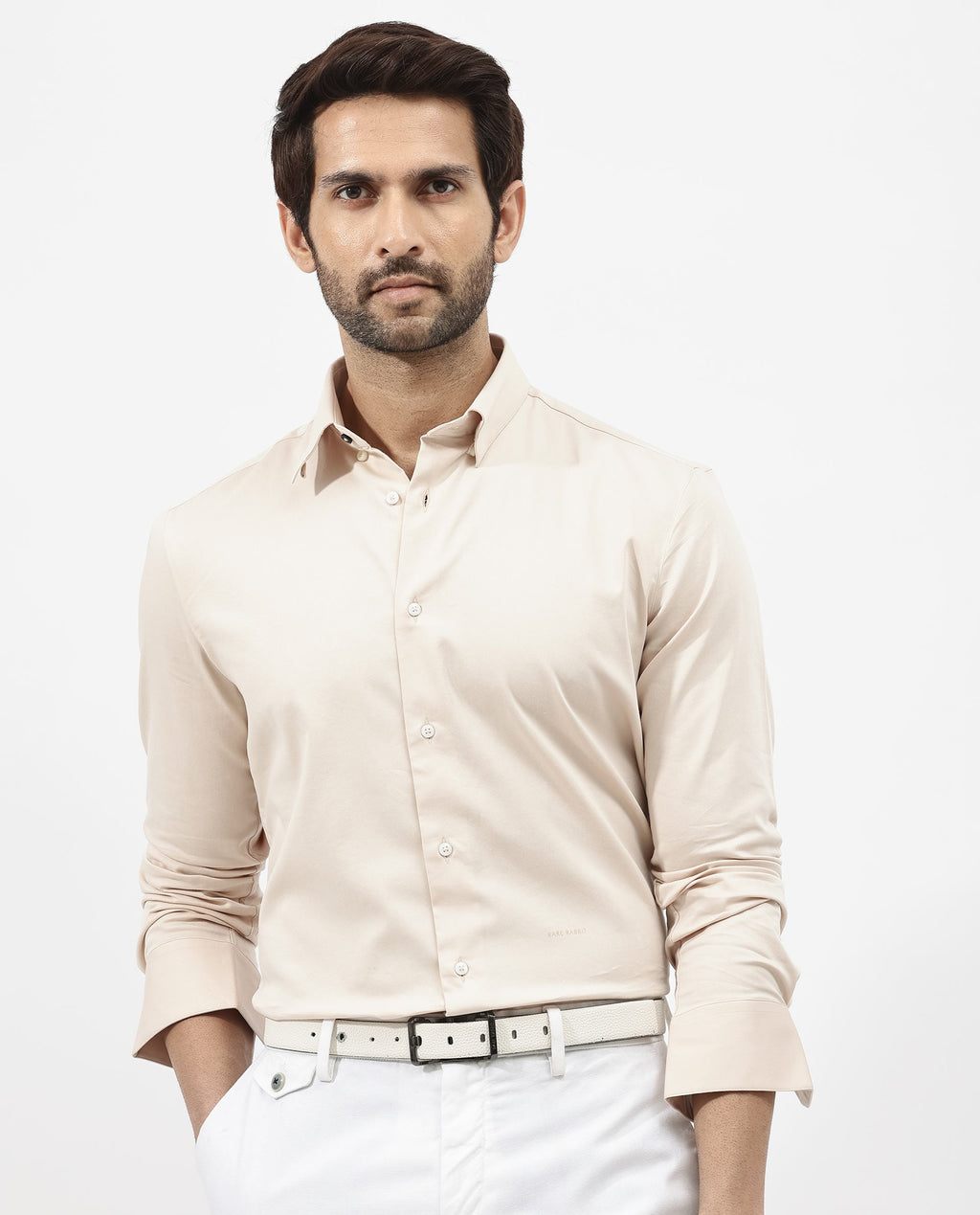 Rare Rabbit Men's Holand Light Beige Satin Plain Regular Fit Full Sleeve Collared Shirt