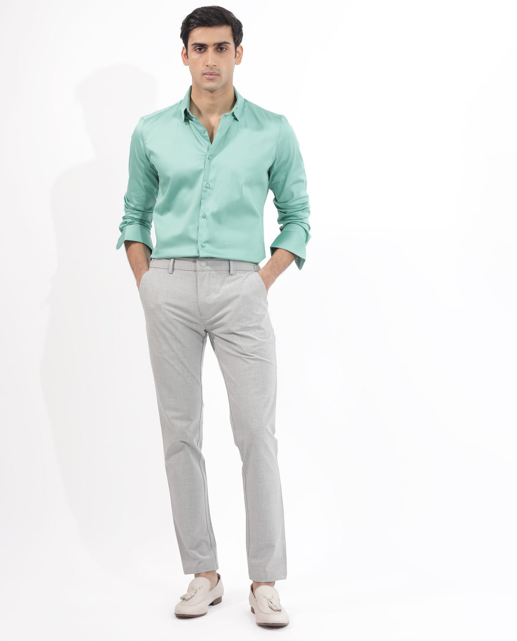 Rare Rabbit Men's Holand Pastel Green Satin Plain Regular Fit Full Sleeve Button-Down Collar Shirt