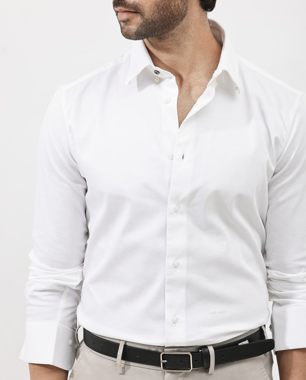 Rare Rabbit Men's Holand White Satin Plain Regular Fit Full Sleeve Button-Down Collar Shirt