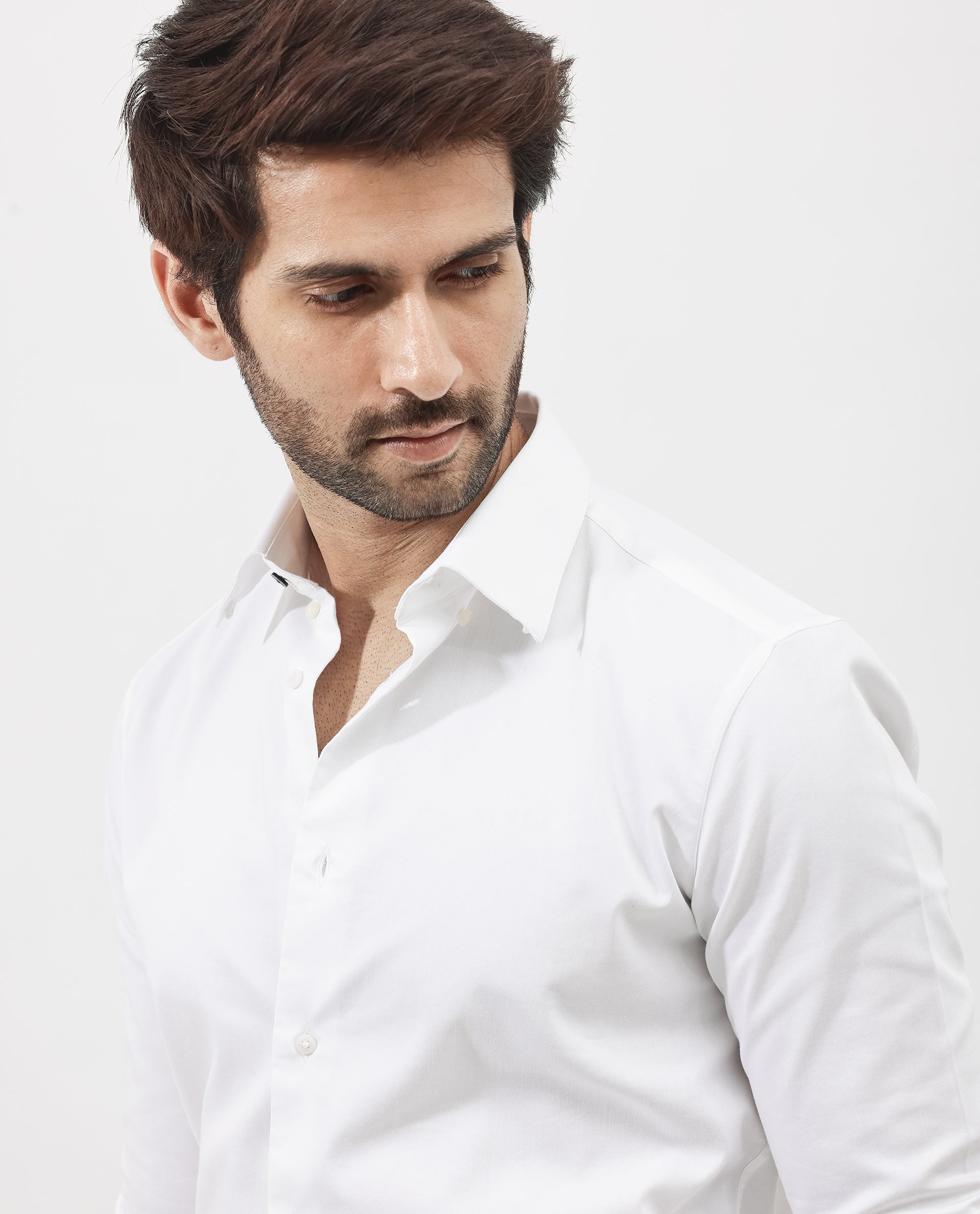 Rare Rabbit Men's Holand White Satin Plain Regular Fit Full Sleeve Button-Down Collar Shirt