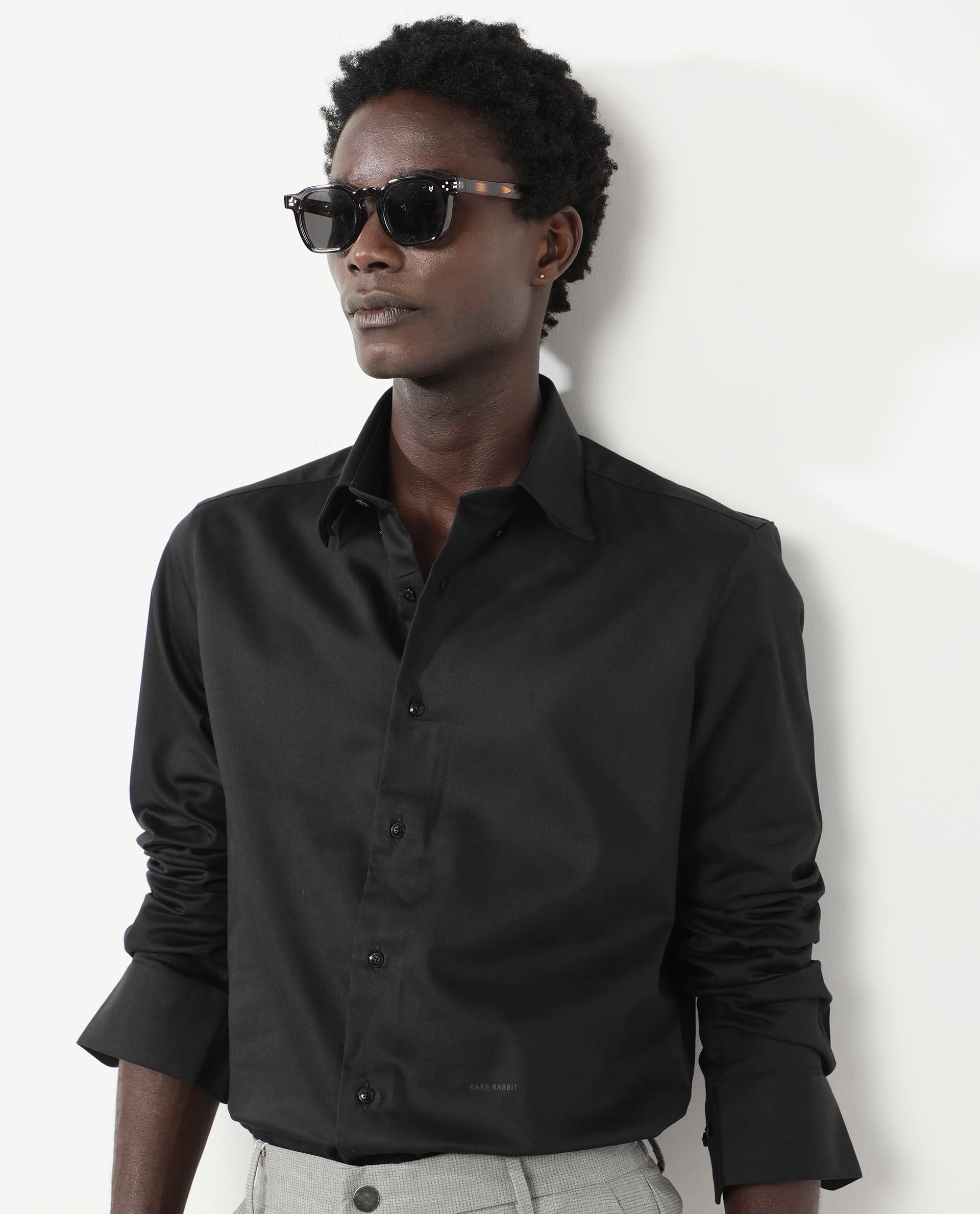 Rare Rabbit Men's Holand Black Satin Plain Regular Fit Full Sleeve Collared Shirt