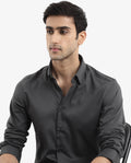 Rare Rabbit Men's Holand Grey Satin Plain Regular Fit Full Sleeve Button-Down Collar Shirt