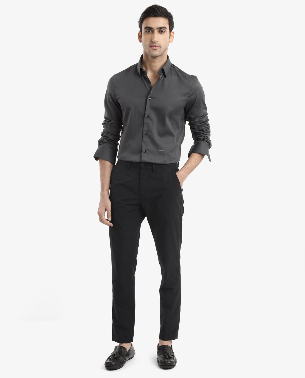 Rare Rabbit Men's Holand Grey Satin Plain Regular Fit Full Sleeve Button-Down Collar Shirt