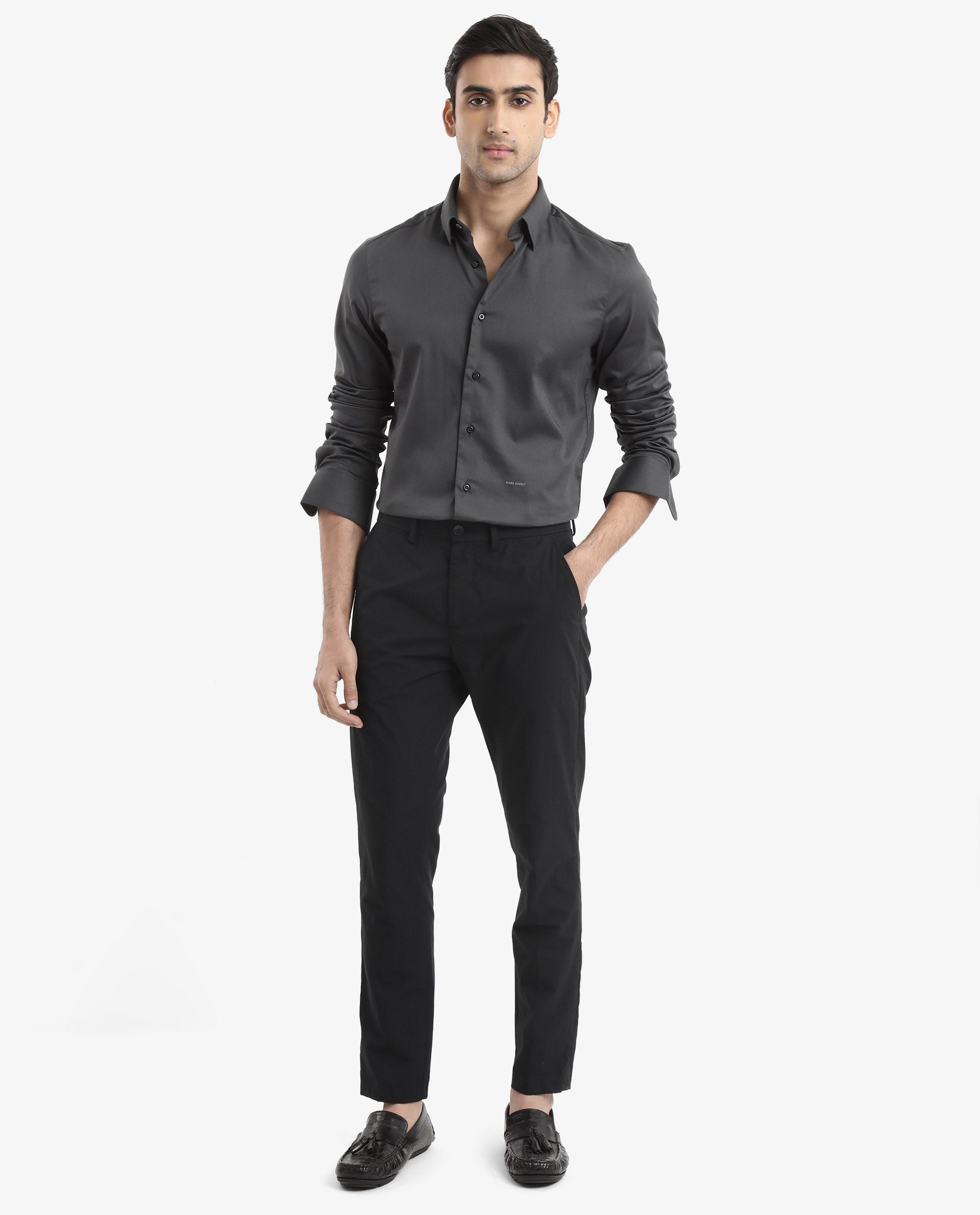 Rare Rabbit Men's Holand Grey Satin Plain Regular Fit Full Sleeve Button-Down Collar Shirt